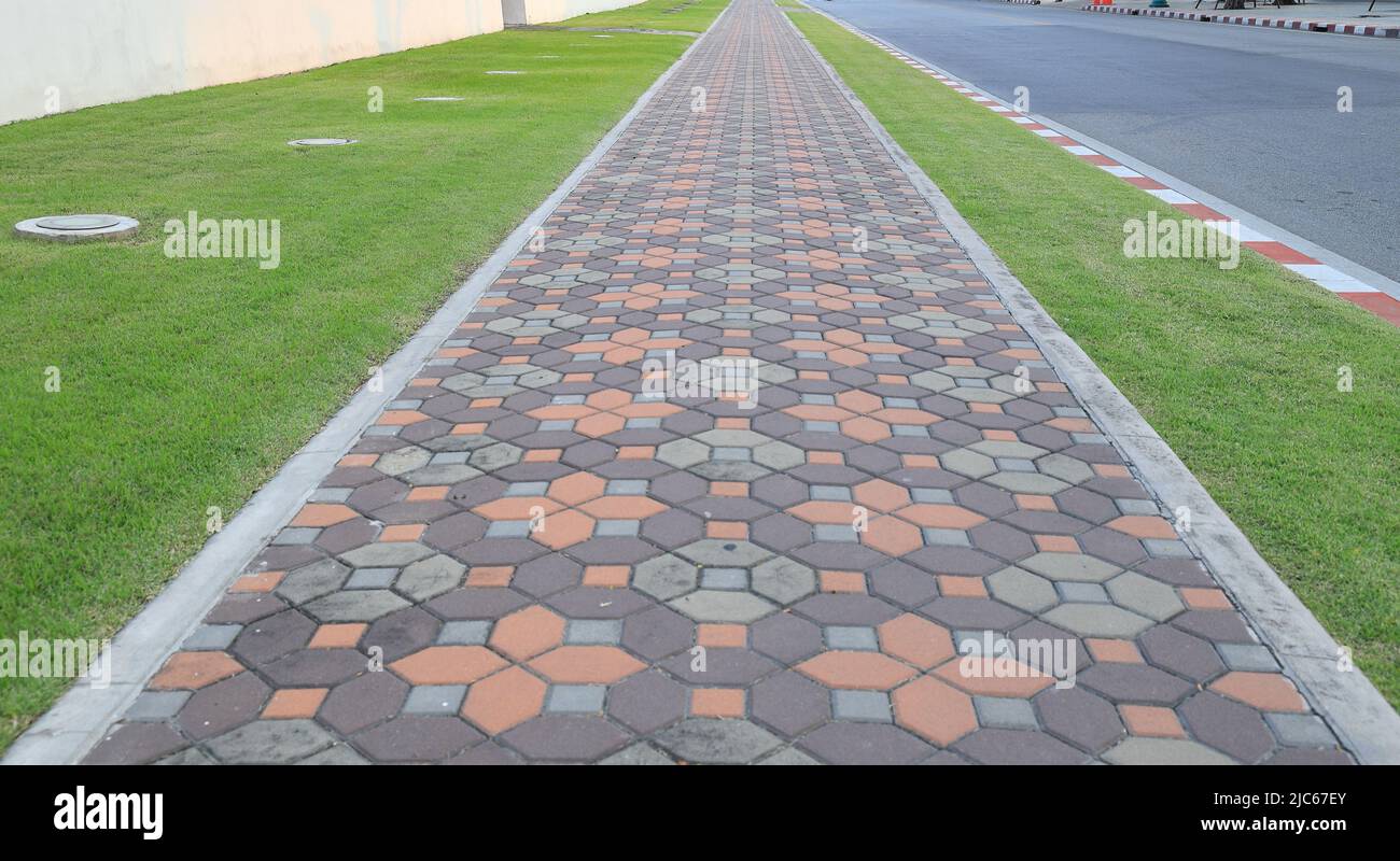 color Long paved brick footpath, Brick path or sidewalk with