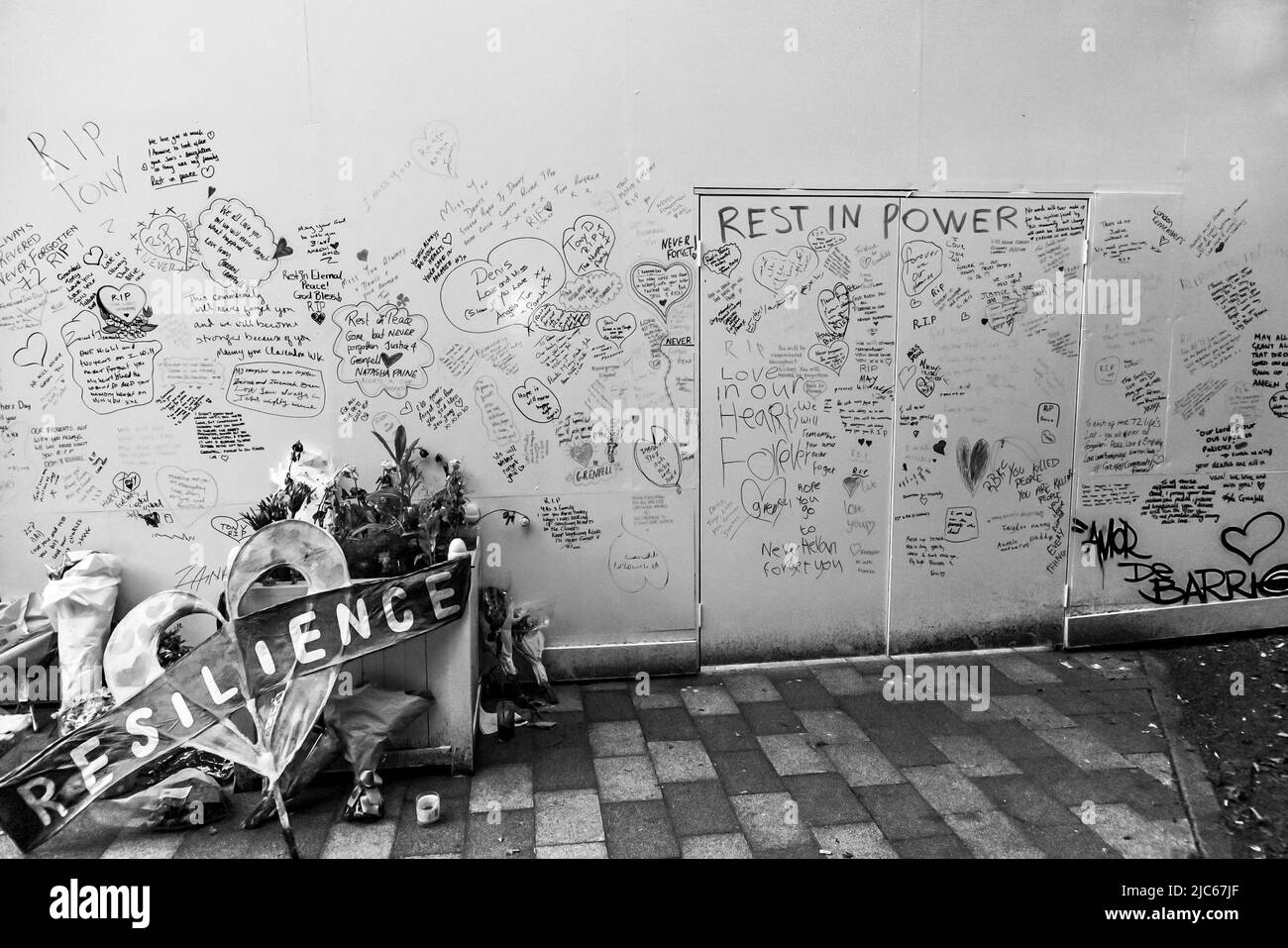 REDO of black and white images from June 2019, taken shortly after the second memorial service at Grenfell Tower, London, UK Stock Photo