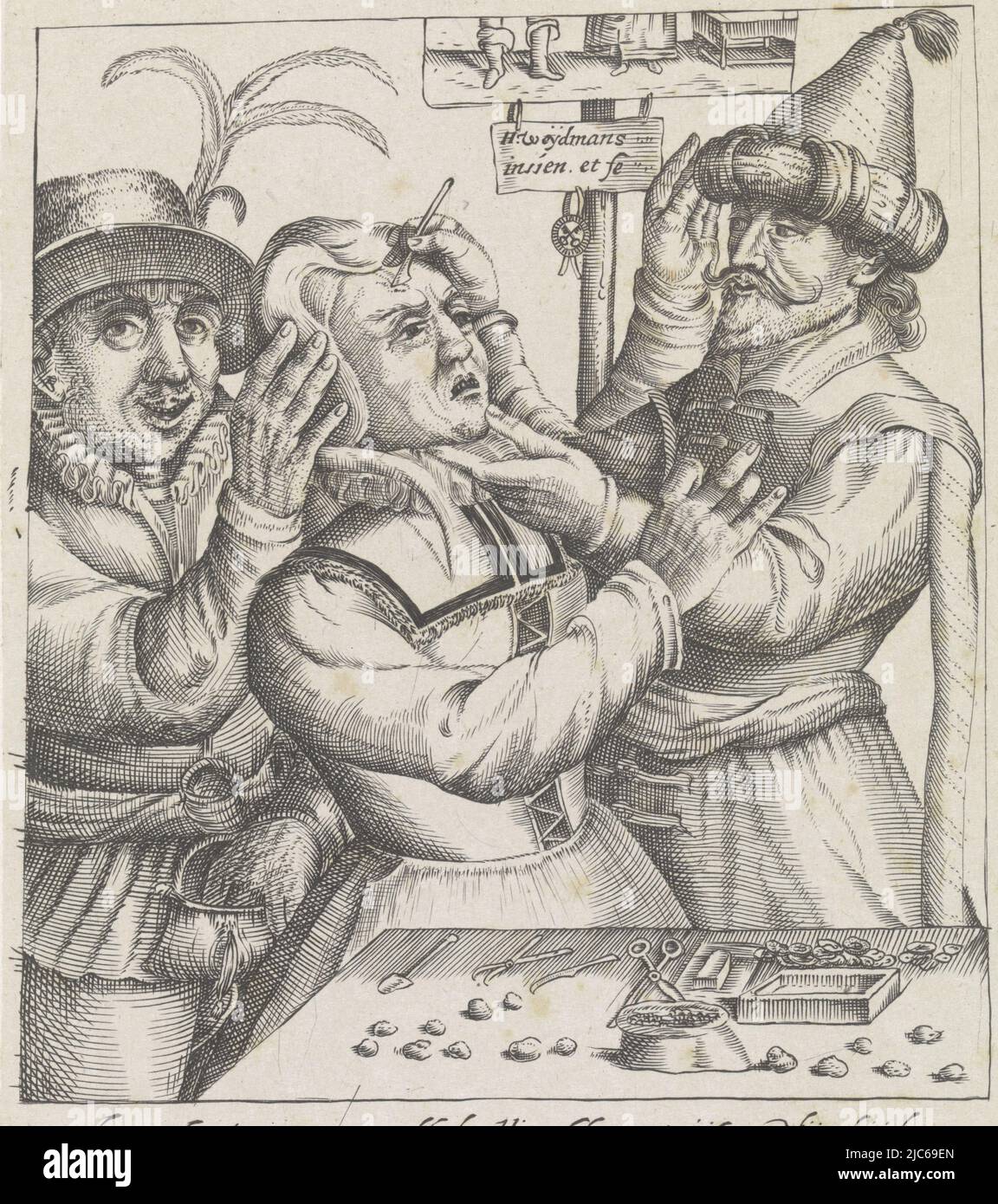 Cutting the boulder. A quack, with turban on head, scratches the forehead of a woman with a scalpel. The man behind the woman is holding her head and groping in his pouch. On the table are instruments and boulders. Hanging from the board in the background is a seal with two keys, perhaps the coat of arms of the city of Leiden. At the bottom a line of text in Dutch, Keisnijder, print maker: William Young Ottley, print maker: Charles Walker, (rejected attribution), Nicolaes Weydtmans, (mentioned on object), London, 1828, paper, etching, h 157 mm × w 130 mm Stock Photo