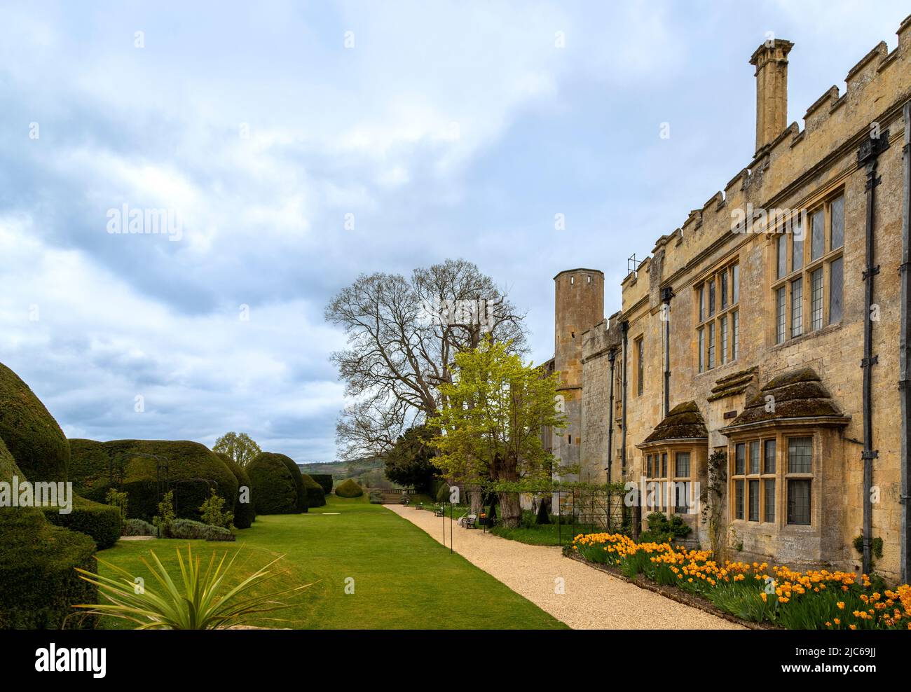 Sudeley Castle, a 15th century, Grade I listed castle, viewed from the Queen's Garden, Sudeley, Gloucestershire, Cotswolds, England, Great Britain, UK Stock Photo