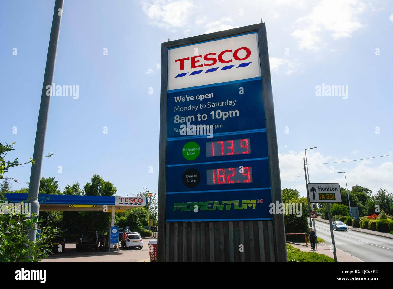 Axminster, Devon, UK. 10th June 2022. Petrol and Diesel prices at Tesco