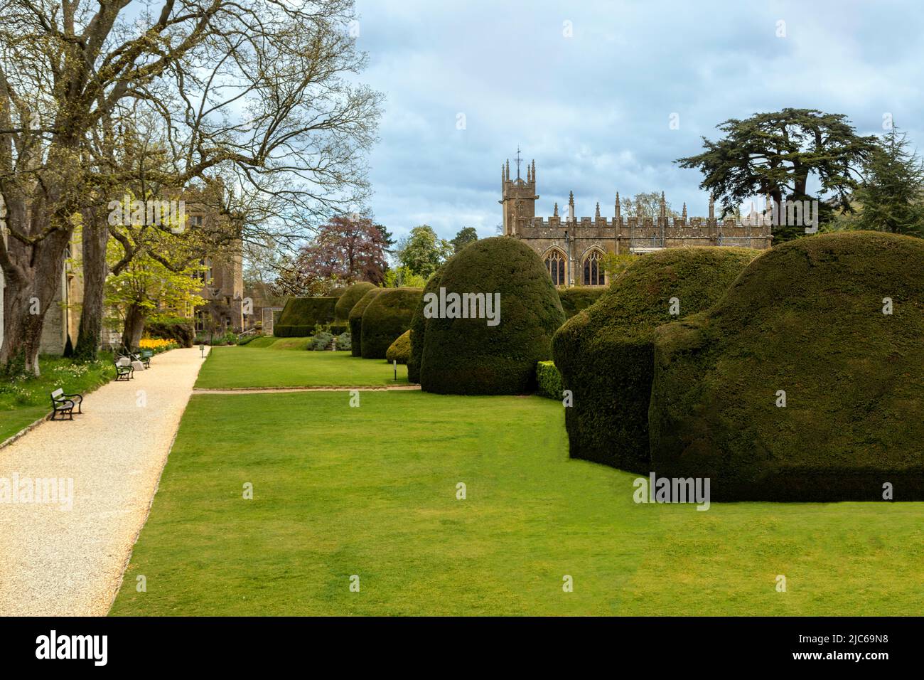 St Mary's Chapel, a 15th century church, the burial place of Catherine Parr, viewed from Sudeley Castle, Gardens, Gloucestershire, England, UK. Stock Photo