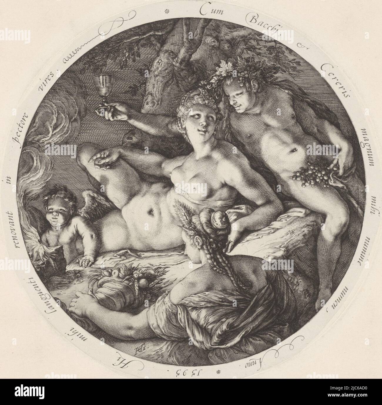 Night piece with Bacchus, Ceres, Venus and Cupid. Placed in oval, Latin text all around, Bacchus, Ceres and Venus, print maker: Hendrick Goltzius, Hendrick Goltzius, Michelangelo, 1595, paper, d 165 mm Stock Photo