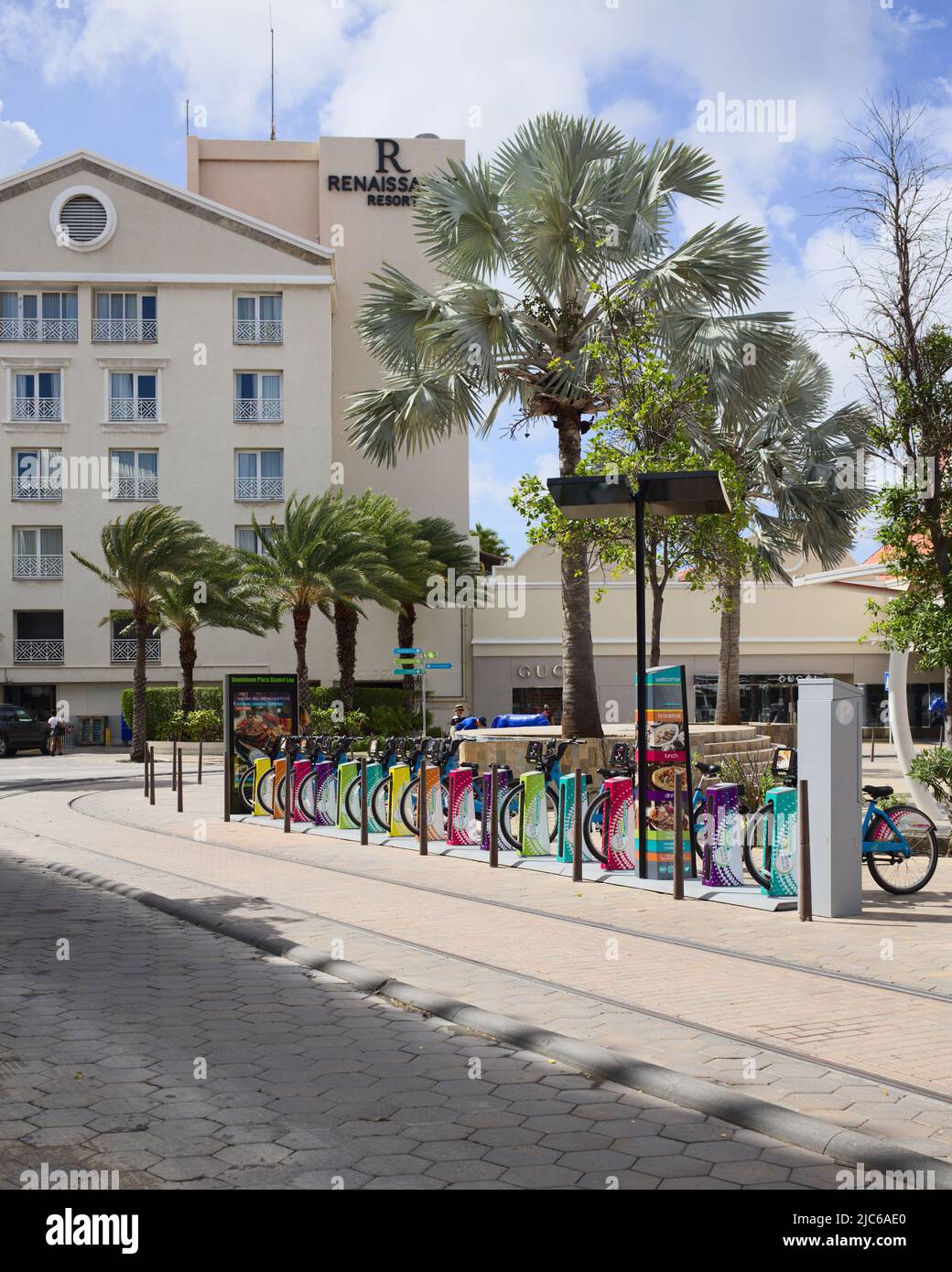 ORANJESTAD, ARUBA - DECEMBER 4, 2021: Plaza Daniel Leo square with Renaissance Resort Hotel, Renaissance Mall and Green Bike rental station on Aruba Stock Photo