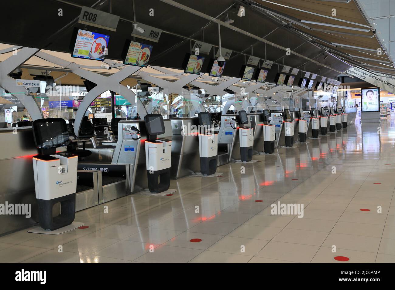 The empty counter checkin and self baggage dropoff at Departure hall