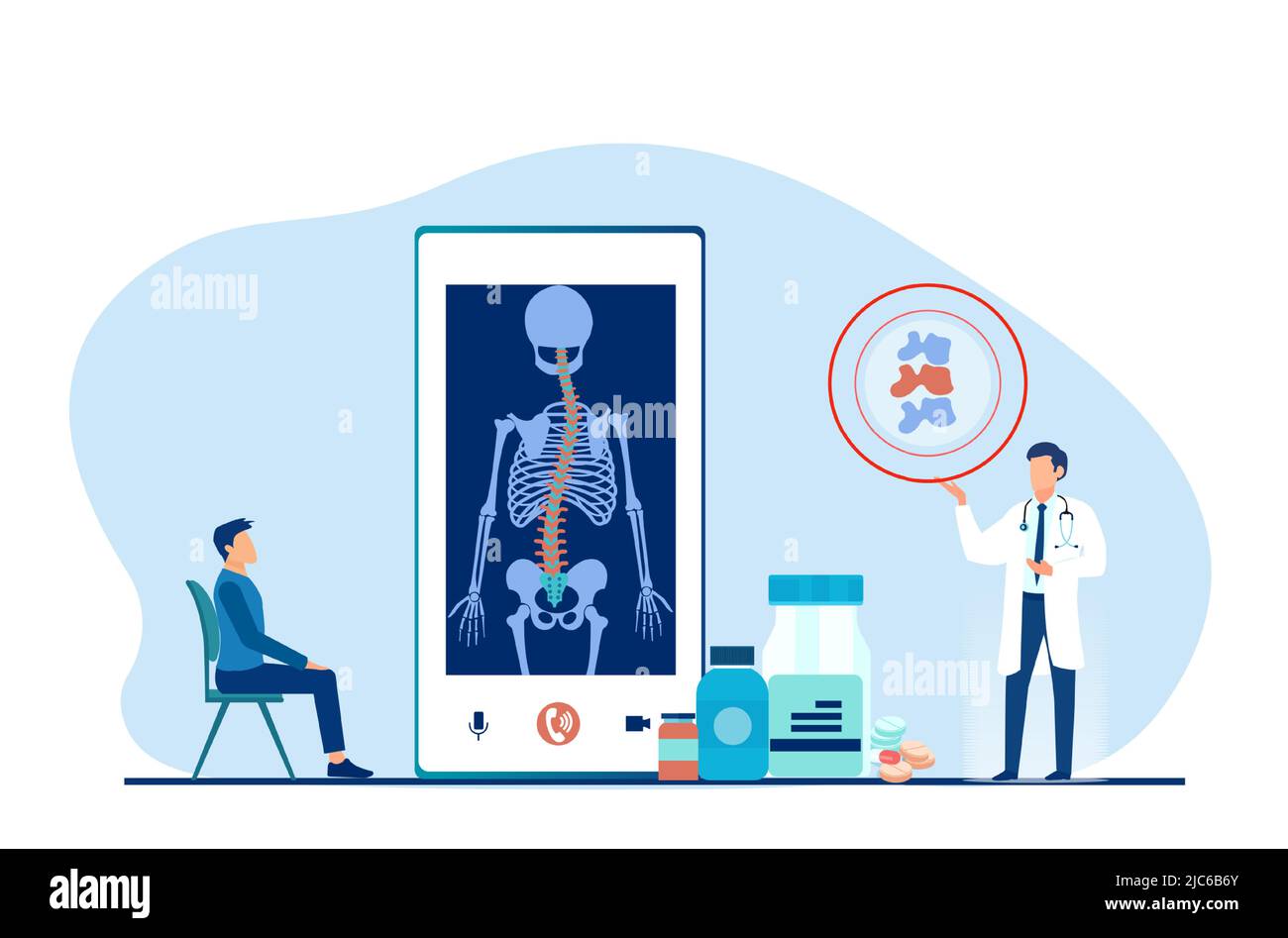 Vector of a doctor chiropractor giving an online consultation to a man with back pain and scoliosis Stock Vector