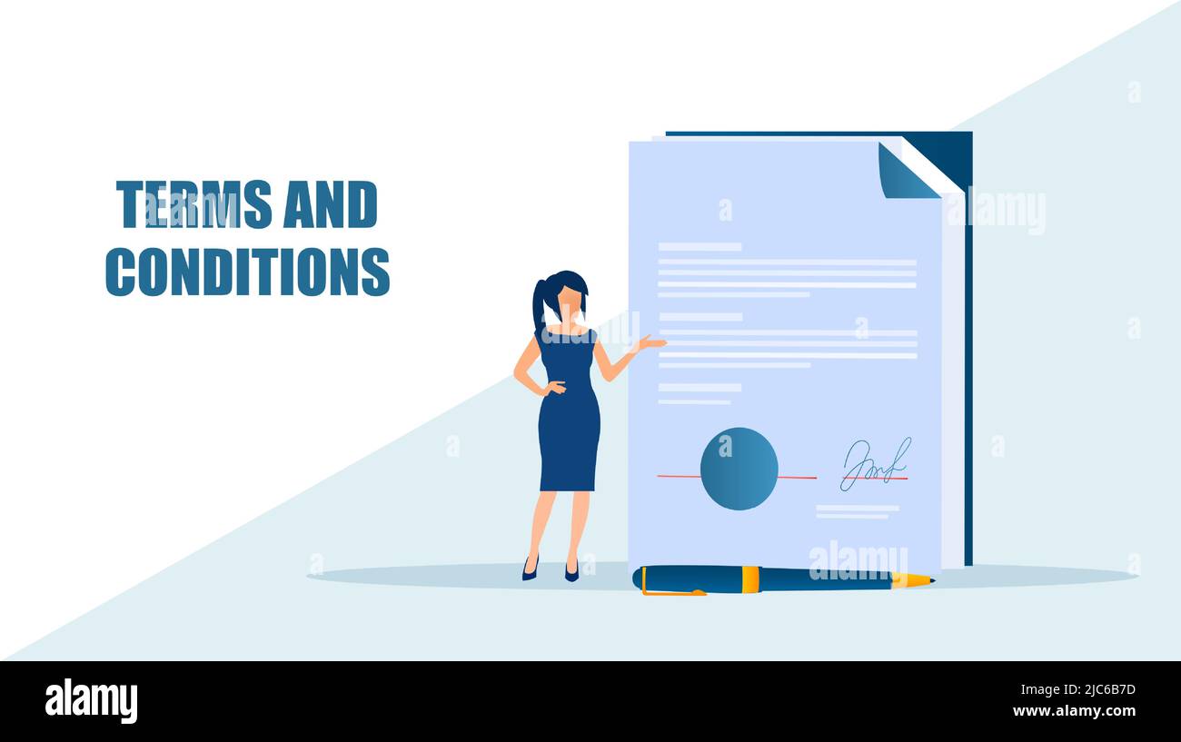 Vector of a businesswoman reviewing terms and conditions of a business contract Stock Vector