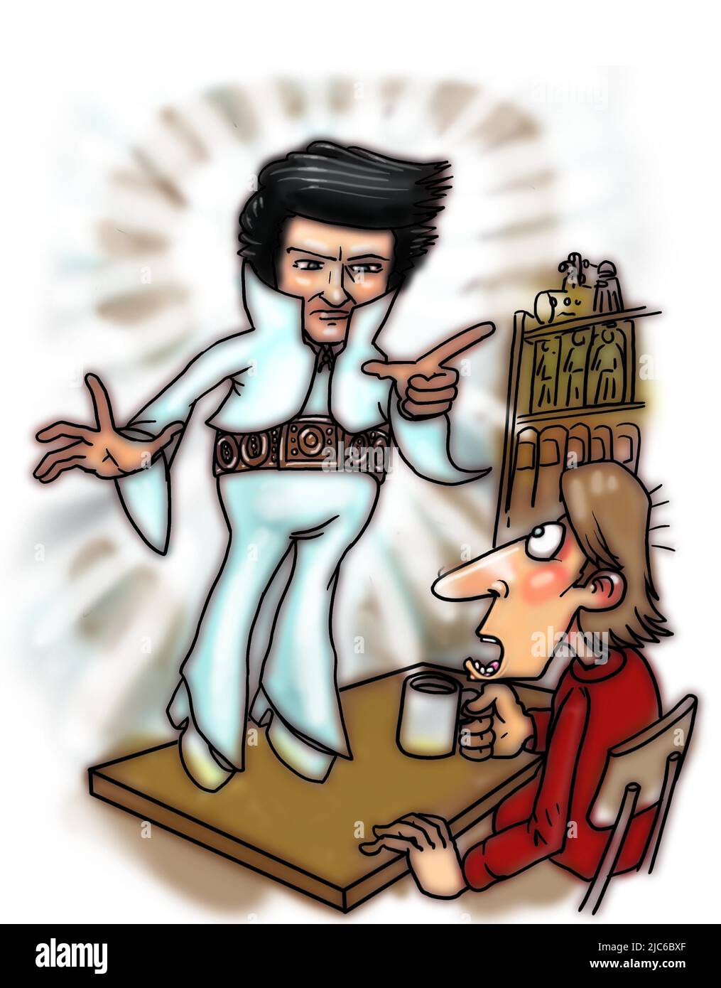 Funny cartoon, man is surprised by ghost of Elvis, illustrating his enduring popularity or virtual concerts gigs by holograms of dead musicians groups Stock Photo