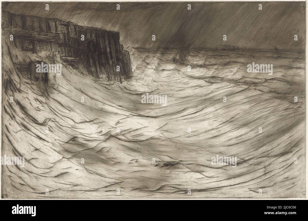 A Vlissingen pier in rain and rough seas, Vlissingen pier, print maker: Carel Nicolaas Storm van 's-Gravesande, (signed by artist), Netherlands, 1869 - 1901, paper, drypoint, h 348 mm × w 532 mm Stock Photo