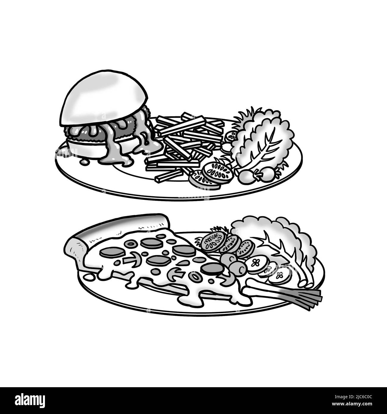 Black and white art illustration of two plates of food, burger, chips and salad, slice of pizza and salad, suit menu art, colouring in activity sheet Stock Photo