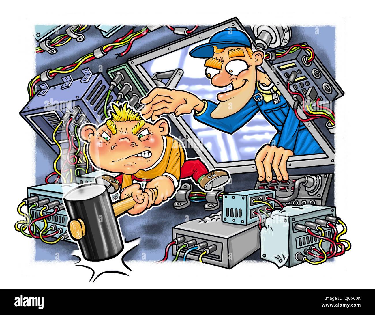 Funny cartoon gremlin inside computer/machinery smashing it up with hammer, repair man pulling him out illustrating concept of gremlins in the system Stock Photo