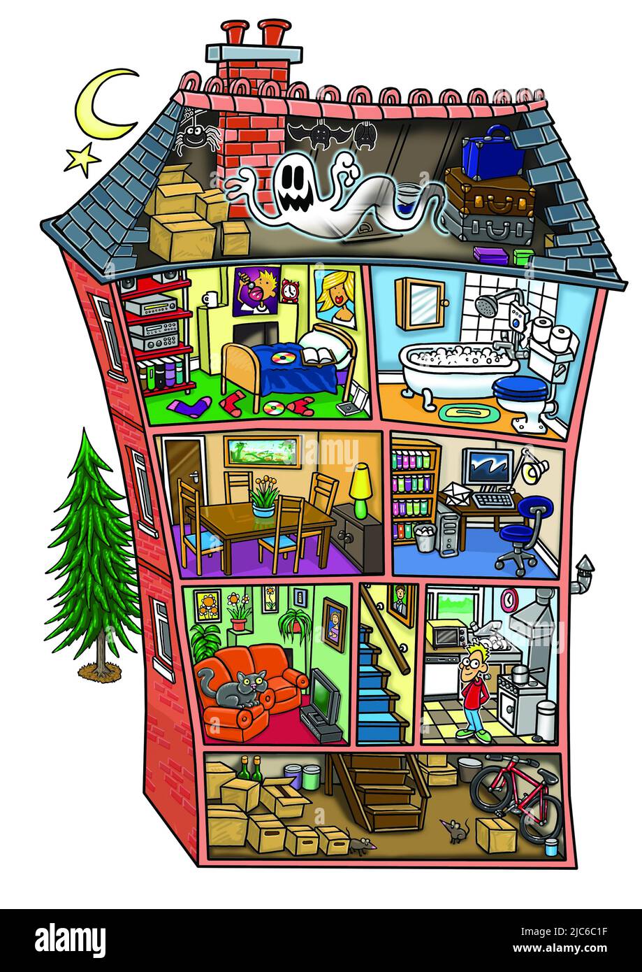 Fun exploded diagram style art showing the layers of a house, with basement, living rooms, bedrooms, bathrooms, kitchen and spooky attic with ghost! Stock Photo