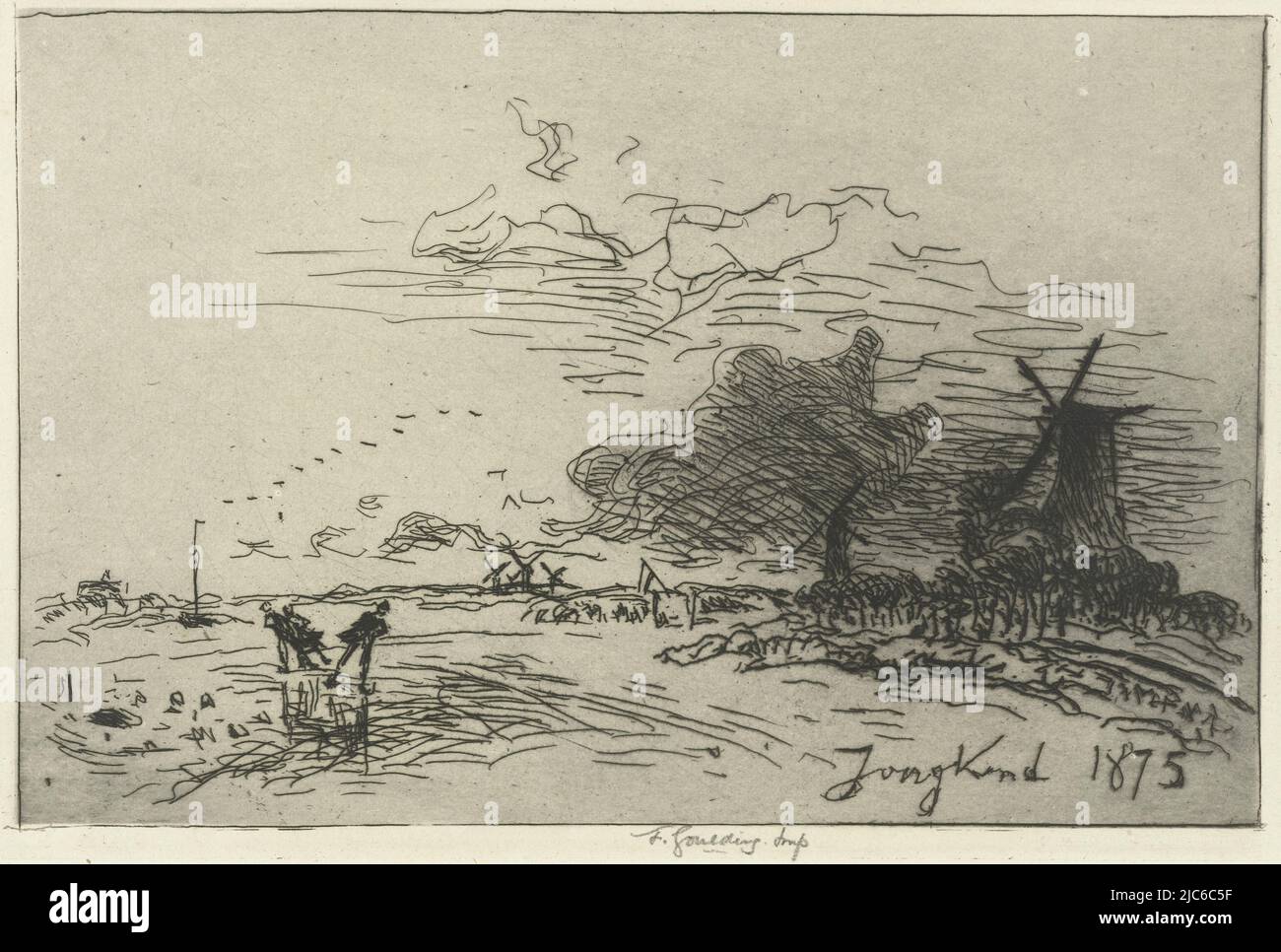 Skaters on a canal near Rotterdam, on which a mill stands. In the background several more mills., Winter landscape near Rotterdam, print maker: Johan Barthold Jongkind, (mentioned on object), Johan Barthold Jongkind, publisher: Frederick Goulding, (possibly), print maker: Netherlands, (possibly), publisher: London, 1875, paper, etching, h 160 mm × w 238 mm Stock Photo