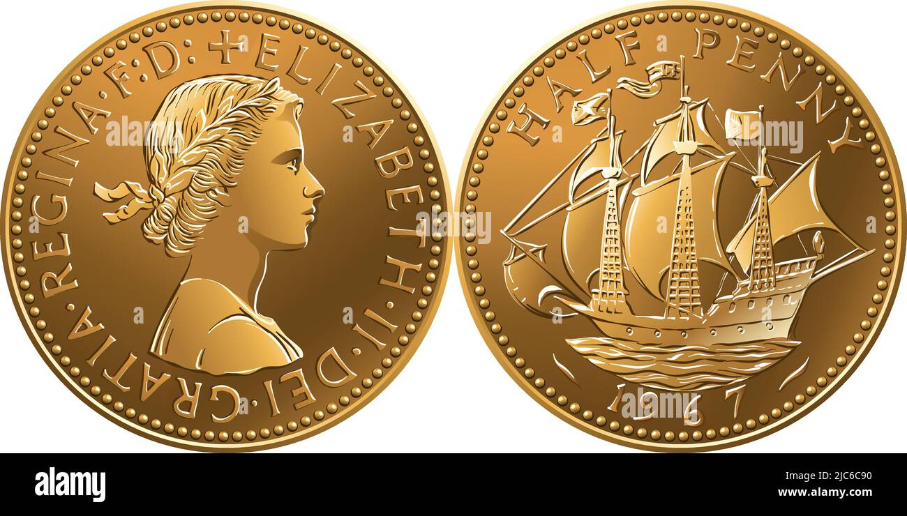 Vector British money coin One old halfpenny with galleon on reverse and queen on obverse Stock Vector