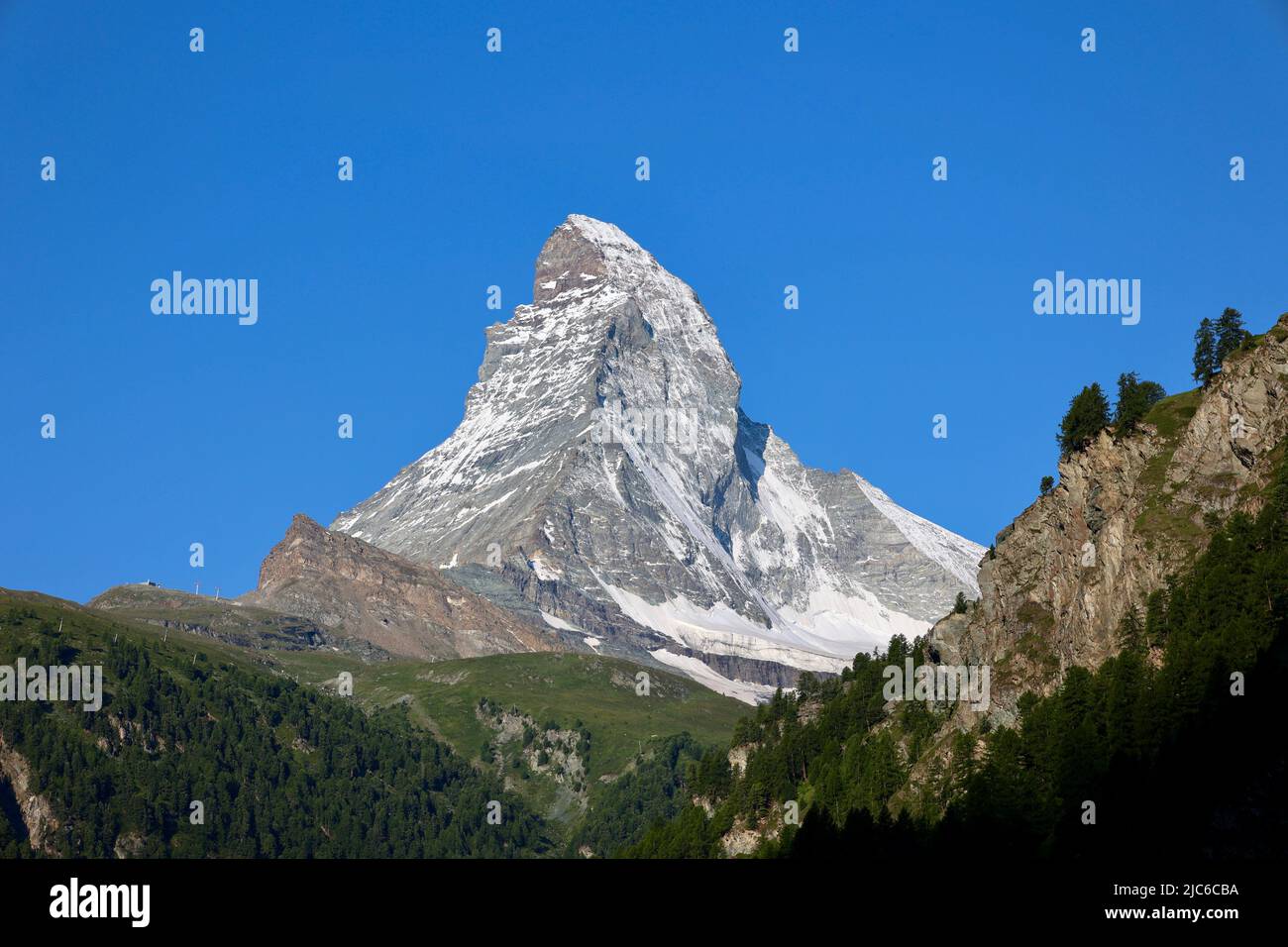 Panorama of Matterhorn peak, valley view, Swiss Alps Stock Photo