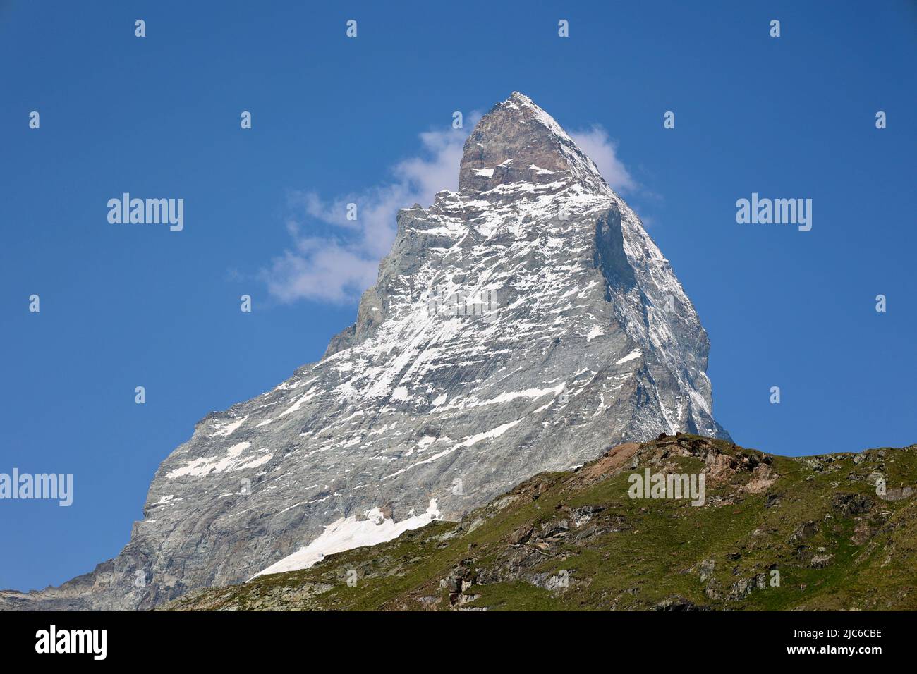 Panorama of Matterhorn peak, valley view, Swiss Alps Stock Photo - Alamy