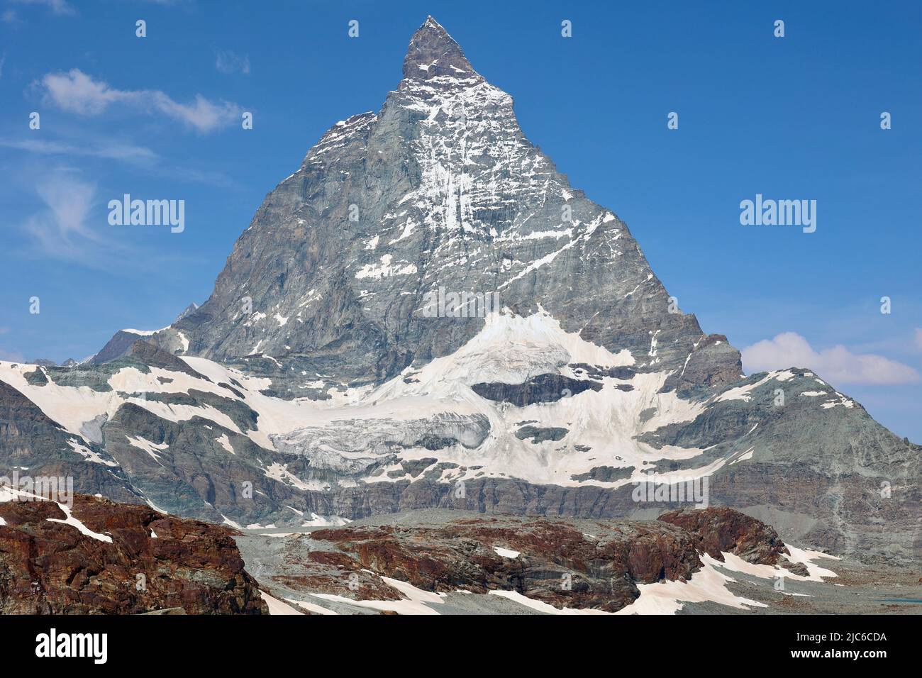 Aerial panorama of Matterhorn peak, drone view, Swiss Alps Stock Photo ...