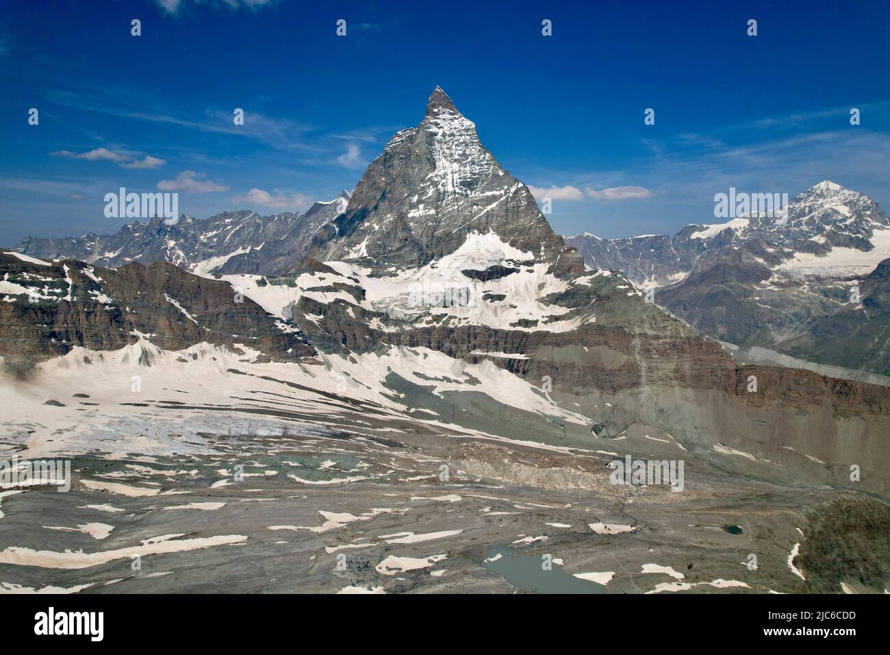 Aerial panorama of Matterhorn peak, drone view, Swiss Alps Stock Photo ...