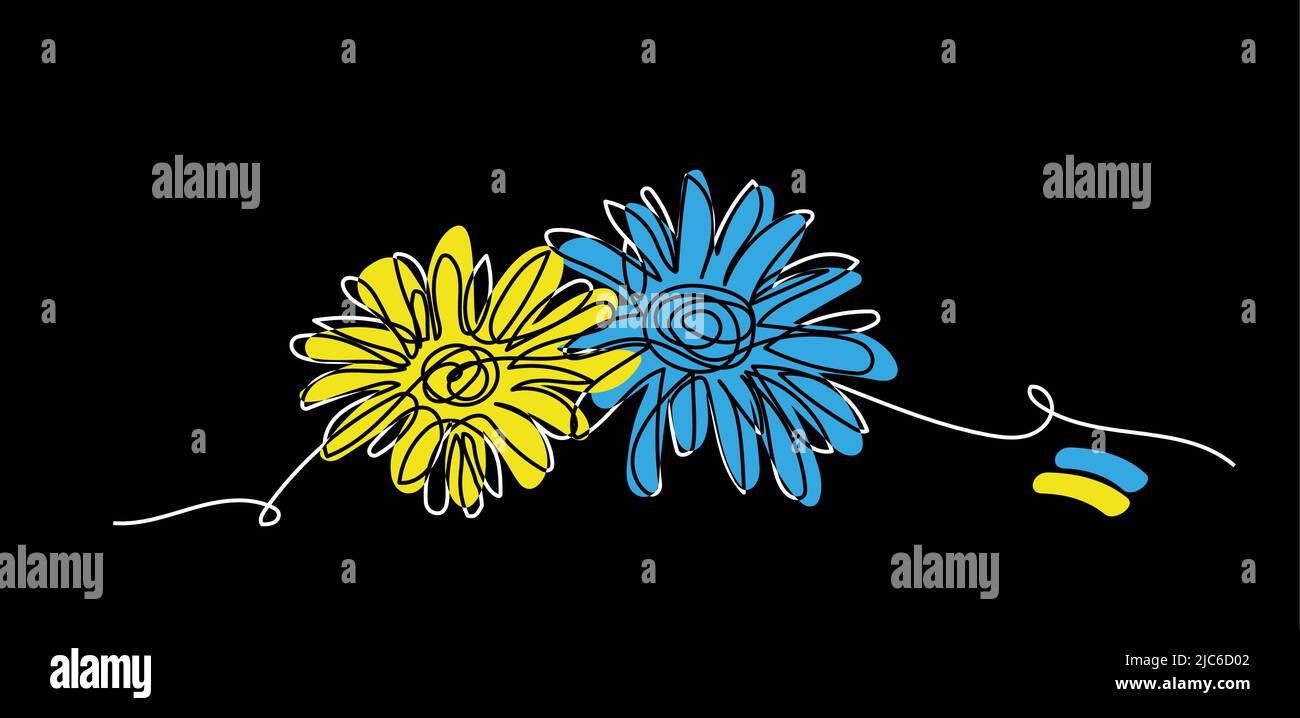 Daisies flowers vector illustration on black background.Ukrainian blue and yellow colors. One continuous line art drawing of dasies with Ukrainian Stock Vector
