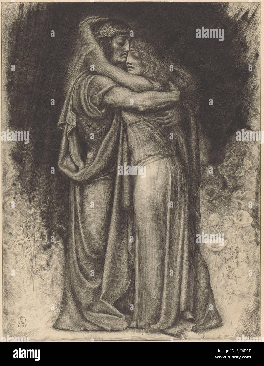 Tristan and Isolde in Embrace, print maker: Rogelio de Egusquiza, (mentioned on object), Spain, 1896, paper, etching, h 469 mm × w 348 mm Stock Photo