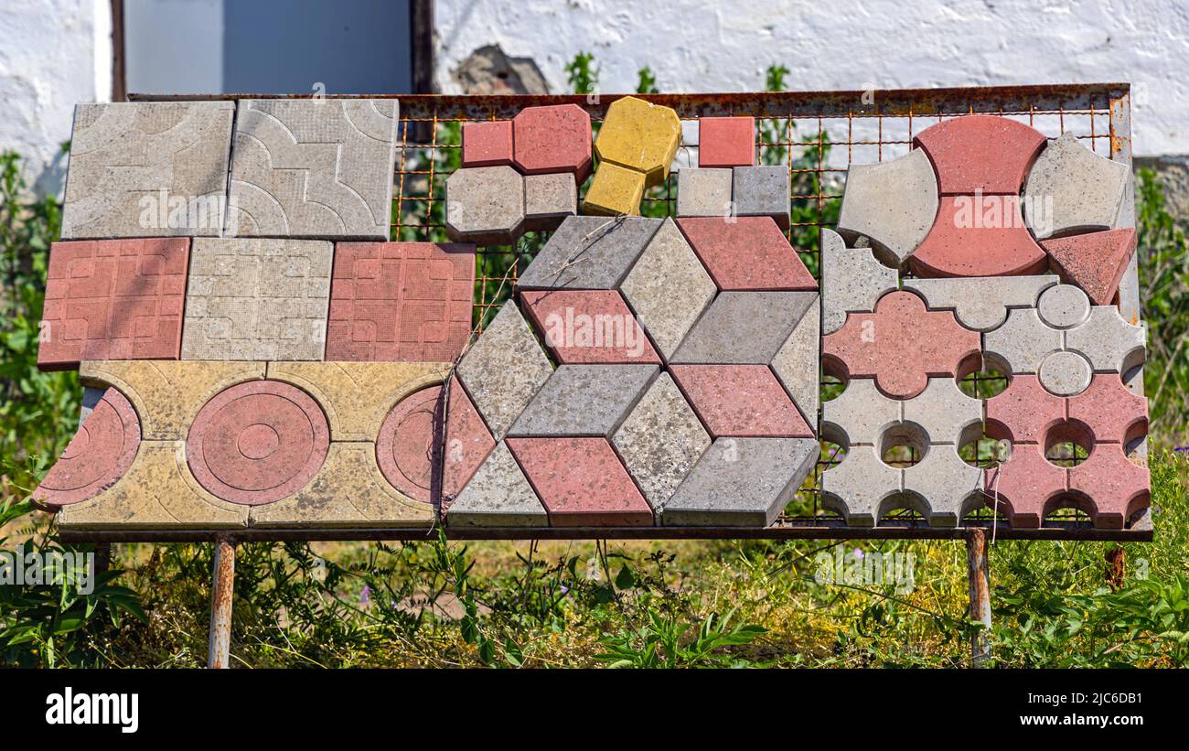 Cement Concrete Interlocking Tiles Mix Shape Size Selection Stock Photo