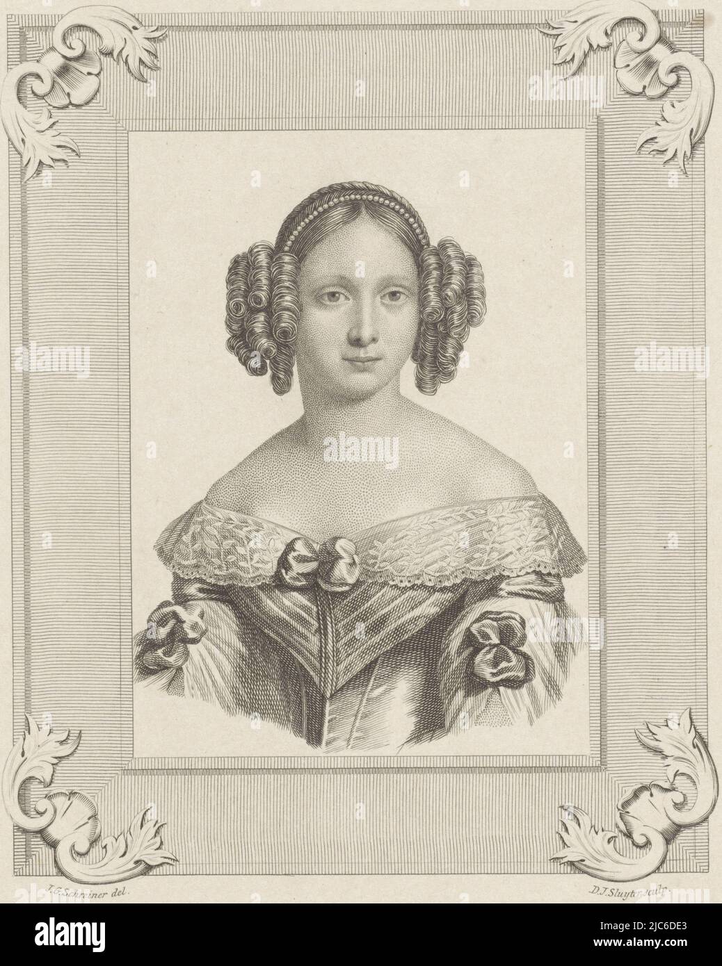 Portrait of Sophie in an ornamented rectangle. In the lower margin her