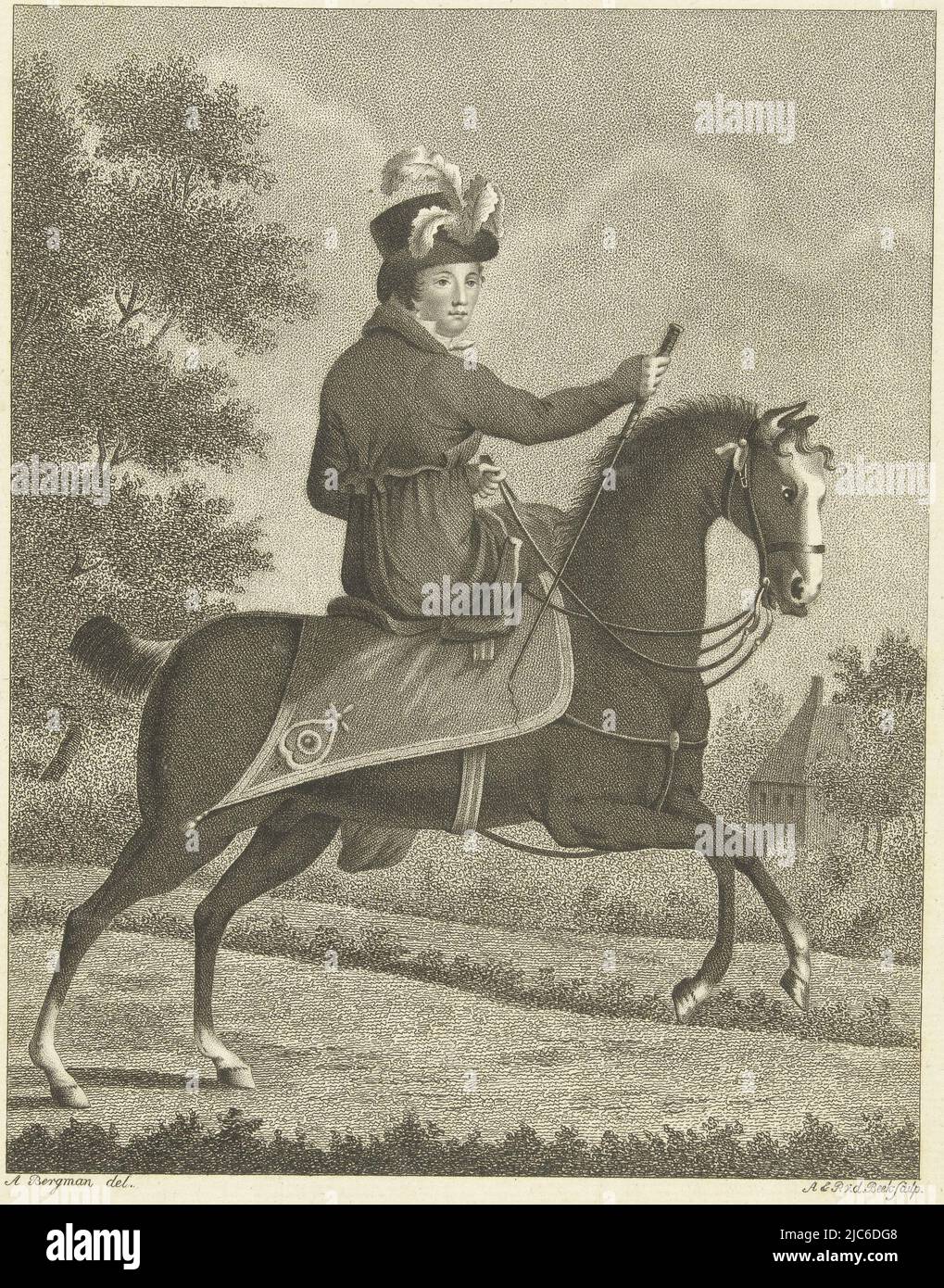 Portrait of Queen Anna Paulowna Romanowa on horseback Anna Paolowna Crown Princess of the Netherlands. etc. etc. , print maker: Antonie en Pieter van der Beek, (mentioned on object), intermediary draughtsman: A. Bergman, (mentioned on object), 1795 - 1821, paper, etching, h 237 mm × w 177 mm Stock Photo