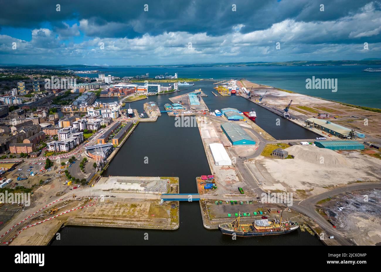 Leith, Scotland, UK. 10 June 2022. Aerial general view of Fort Ports site on the Firth of Forth at Leith. Forth Ports are one of the candidates bidding to become one of Scotland’s first two green Freeports. The successful Freeports are expected to generate billions of pounds of investment and create thousands of jobs.  Iain Masterton/Alamy Live News Stock Photo