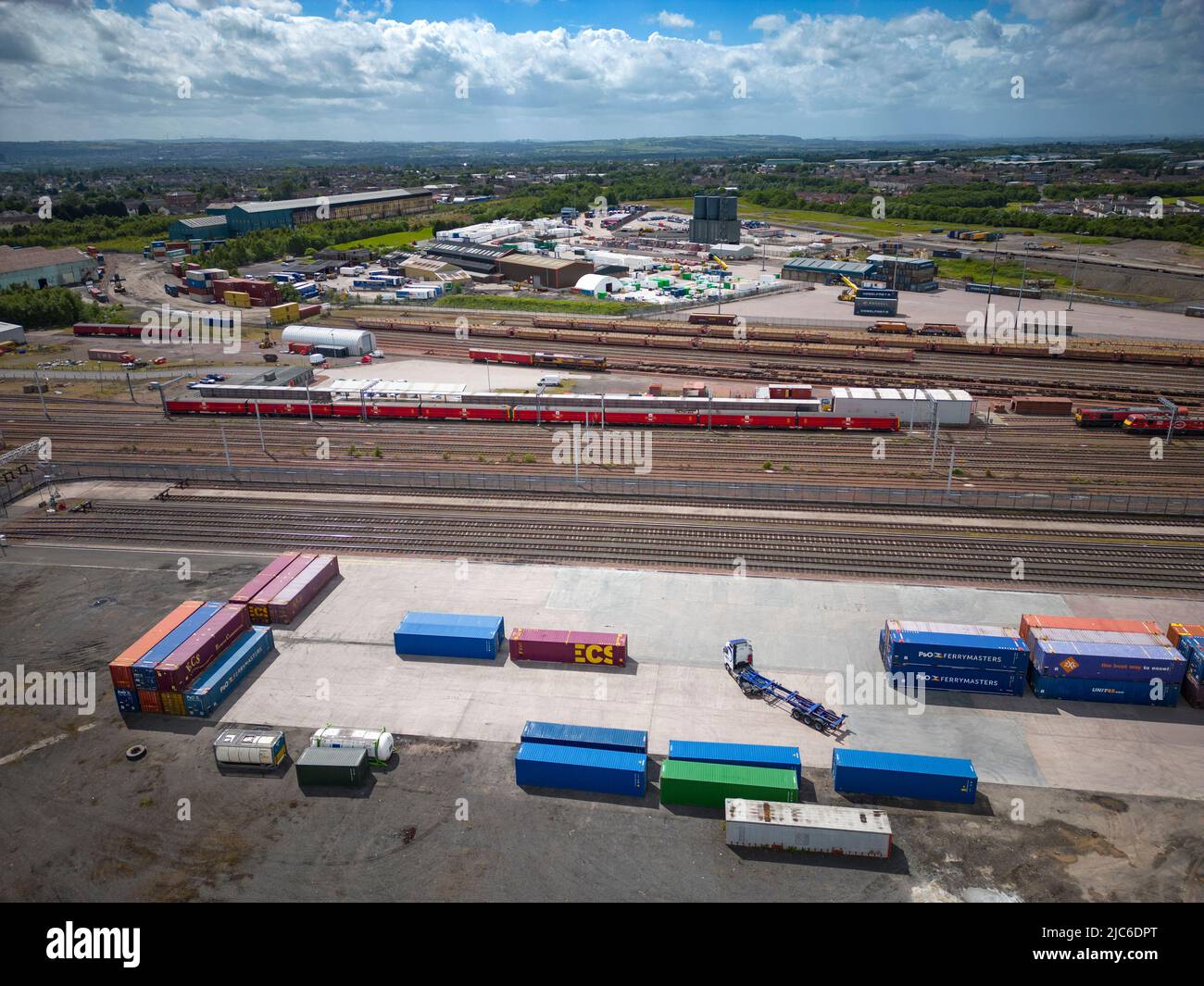 Bellshill, Scotland, UK. 10 June 2022. Aerial general view of  Mossend International Rail freight Park in Bellshill, North Lanarkshire. Mossend ( including Glasgow Airport and Clydeport) is part of the Clyde Green Freeport bid to become Scotland’s first two Green Freeports. The successful Freeports are expected to generate billions of pounds of investment and create thousands of jobs.  Iain Masterton/Alamy Live News Stock Photo