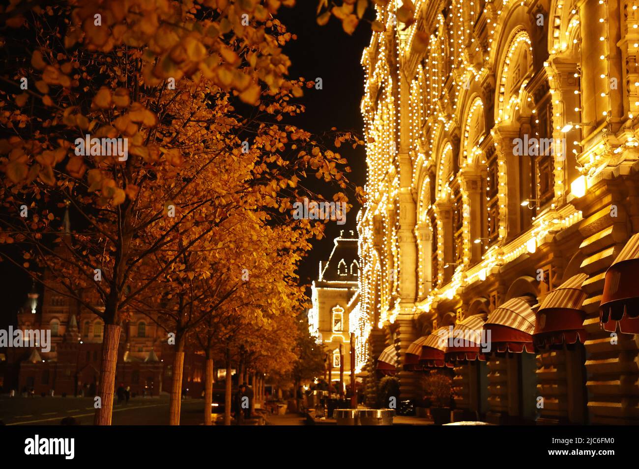 Night view of the Red Square, Kremlin and GUM, autumn in Moscow, Russia Stock Photo
