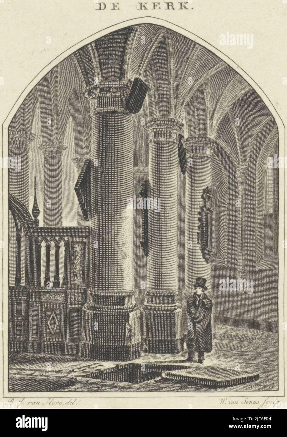 Man at an open grave in a church The church , print maker: Willem van Senus, (mentioned on object), intermediary draughtsman: Bartholomeus Johannes van Hove, (mentioned on object), Netherlands, 1800 - 1851, paper, etching, engraving, h 126 mm × w 100 mm Stock Photo