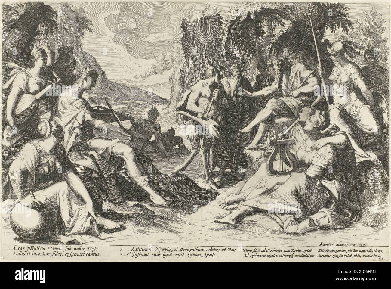 A music contest between Pan, in the center of the print, and Apollo, on the left under a tree. All the gods are gathered to watch the contest. The mountain god Tmolus, seated on a throne must pass judgment. He prefers Apollo's lyre to Pan's flute. King Midas, standing next to Pan, however, protests. He is cursed by Apollo and must wear donkey ears for the rest of his life., Midas Judgment, print maker: Nicolaes Jansz. Clock, Karel van Mander (I), (mentioned on object), Franco Estius, Haarlem, 1589, paper, engraving, h 250 mm × w 400 mm Stock Photo