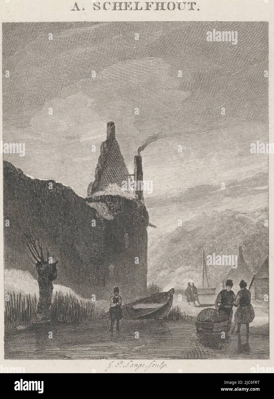 Winter view with figures and a sledge on the ice, on the left a village wall with a tower, Winter view A. Schelfhout , print maker: Johannes Philippus Lange, (mentioned on object), Andreas Schelfhout, (mentioned on object), 1820 - 1849, paper, steel engraving, h 135 mm × w 105 mm Stock Photo