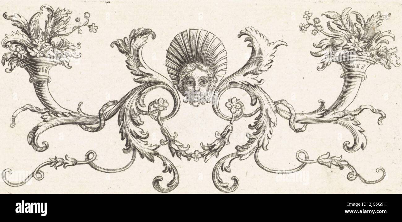 Ornament with a mascaron surrounded by leafy vines two horns with plants and flowers, print maker: Bernard Picart, (workshop of), Bernard Picart, (mentioned on object), Amsterdam, 1683 - 1733, paper, etching, engraving, h 51 mm × w 103 mm Stock Photo