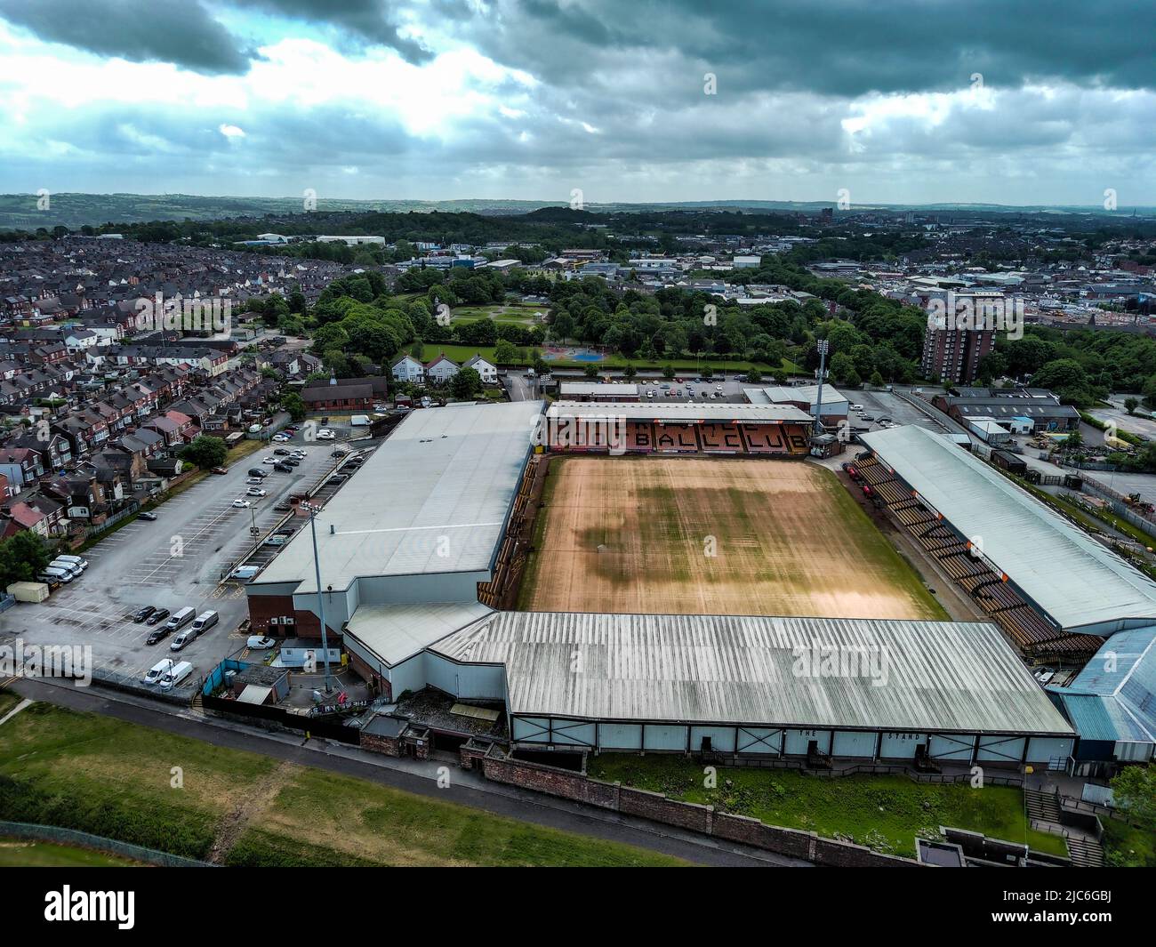 Off Season Vale Park, Port Vale Football Club Aerial Image Update , Pitch has been seeded and sanded Stock Photo