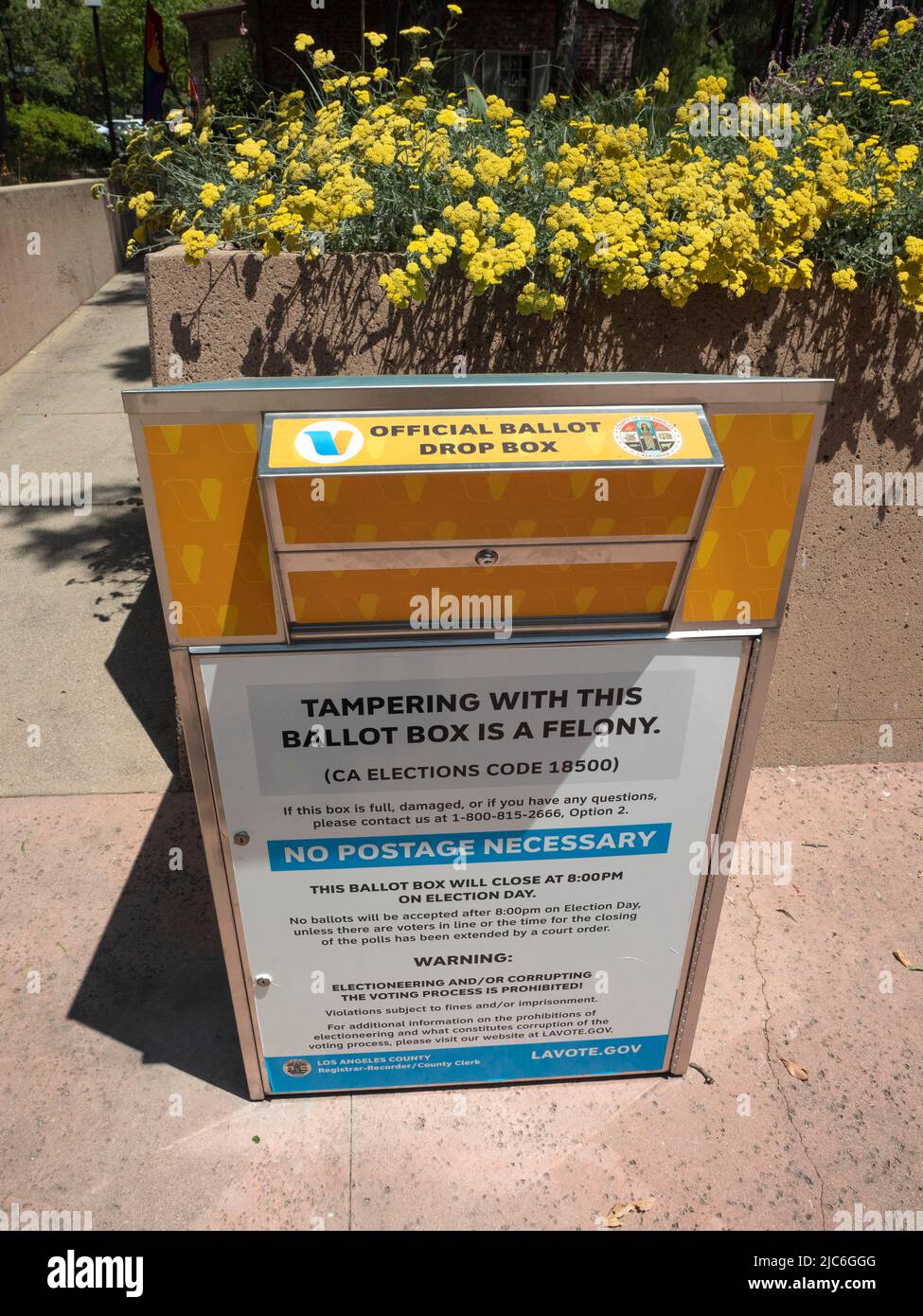 A Los Angeles County voting ballot drop box is shown in Claremont, California on June 7, 2022. Photo by Francis Specker Stock Photo