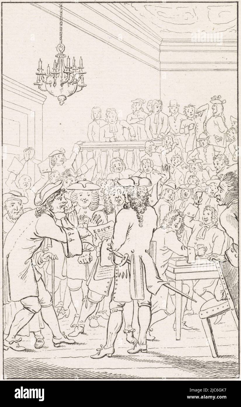 A man holding a pamphlet in his hands, in an interior where many gentlemen. Top right: Pl. VI. Bottom right: Page 204., Man with a pamphlet in an interior with many gentlemen Terrible was the sensation which that tidings made in the coffee house Quincampoix, at Paris , print maker: Daniël Veelwaard (I), intermediary draughtsman: Jacob Smies, publisher: François Bohn, Haarlem, 1802 - 1809, paper, etching, h 198 mm × w 115 mm Stock Photo