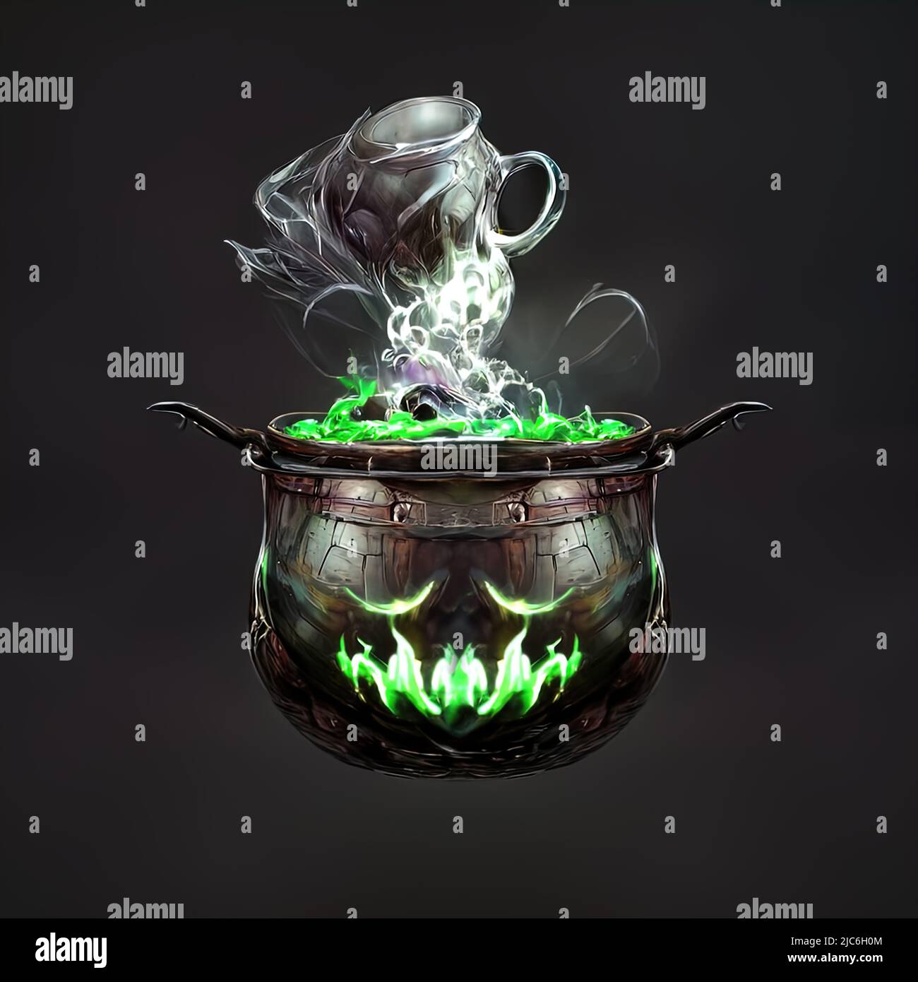 Witch cauldron is brewing a magic potion. Castiron cauldron is boiling