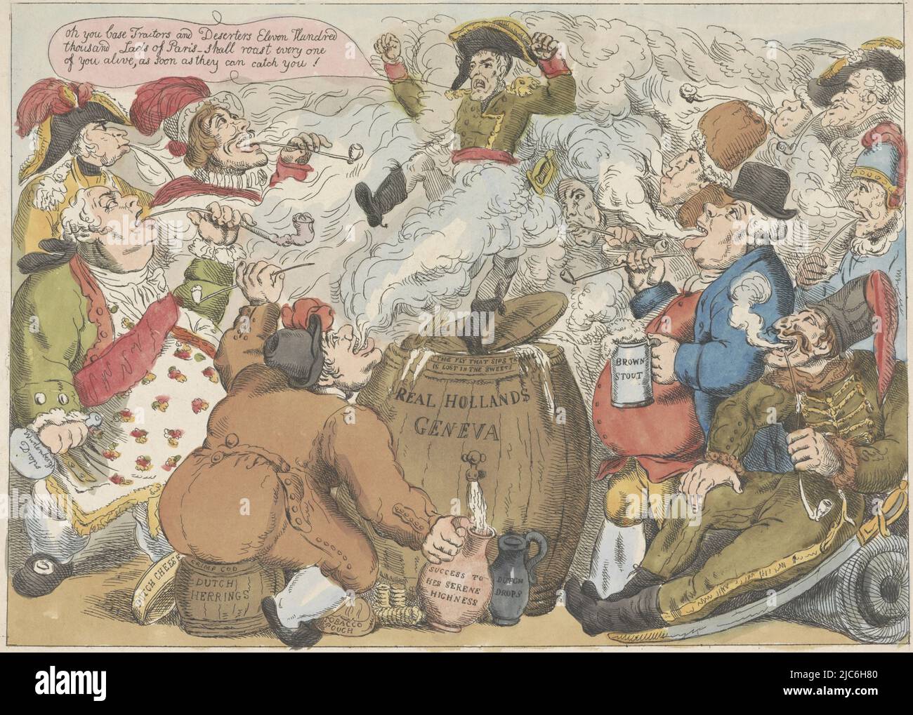 Cartoon of Napoleon after his loss at the battle of Leipzig, 1813. A small  figure of Napoleon is stamping angrily on top of a large wooden barrel of  Dutch gin causing the