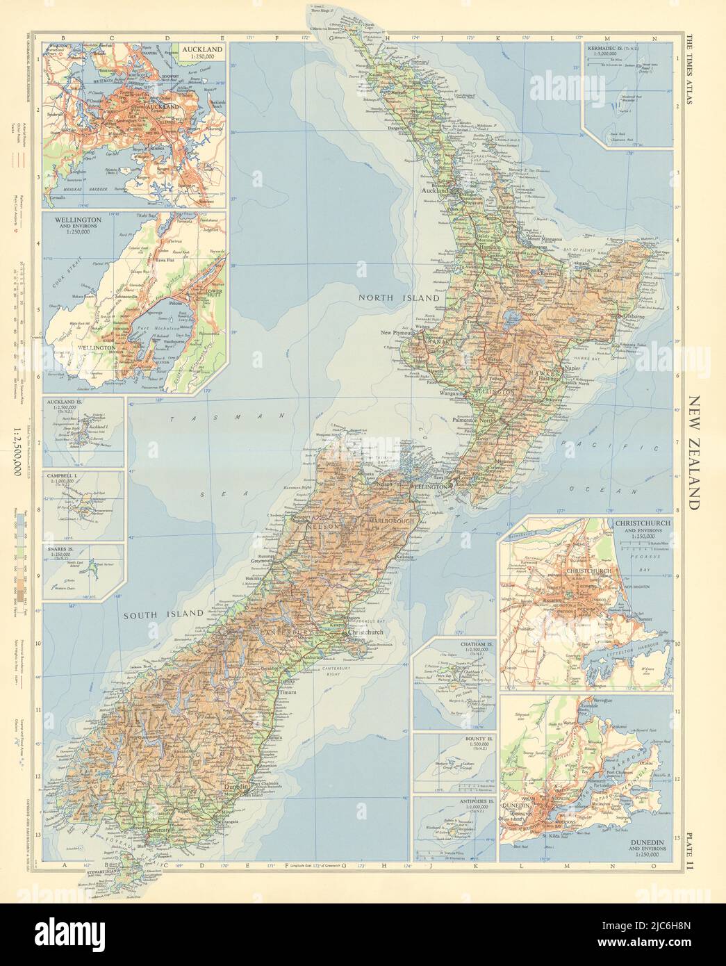 New Zealand. Auckland Wellington Christchurch Dunedin. TIMES 1958 old map Stock Photo Alamy