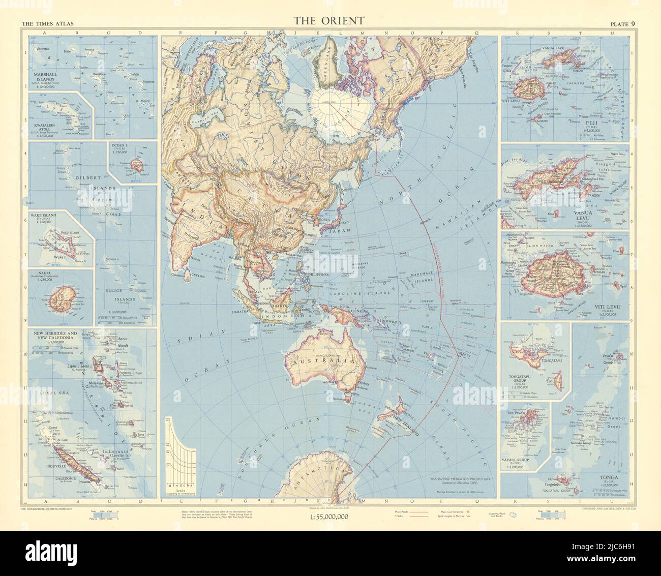 Orient. Western Pacific Islands. Fiji Tonga Melanesia Micronesia. TIMES 1958 map Stock Photo