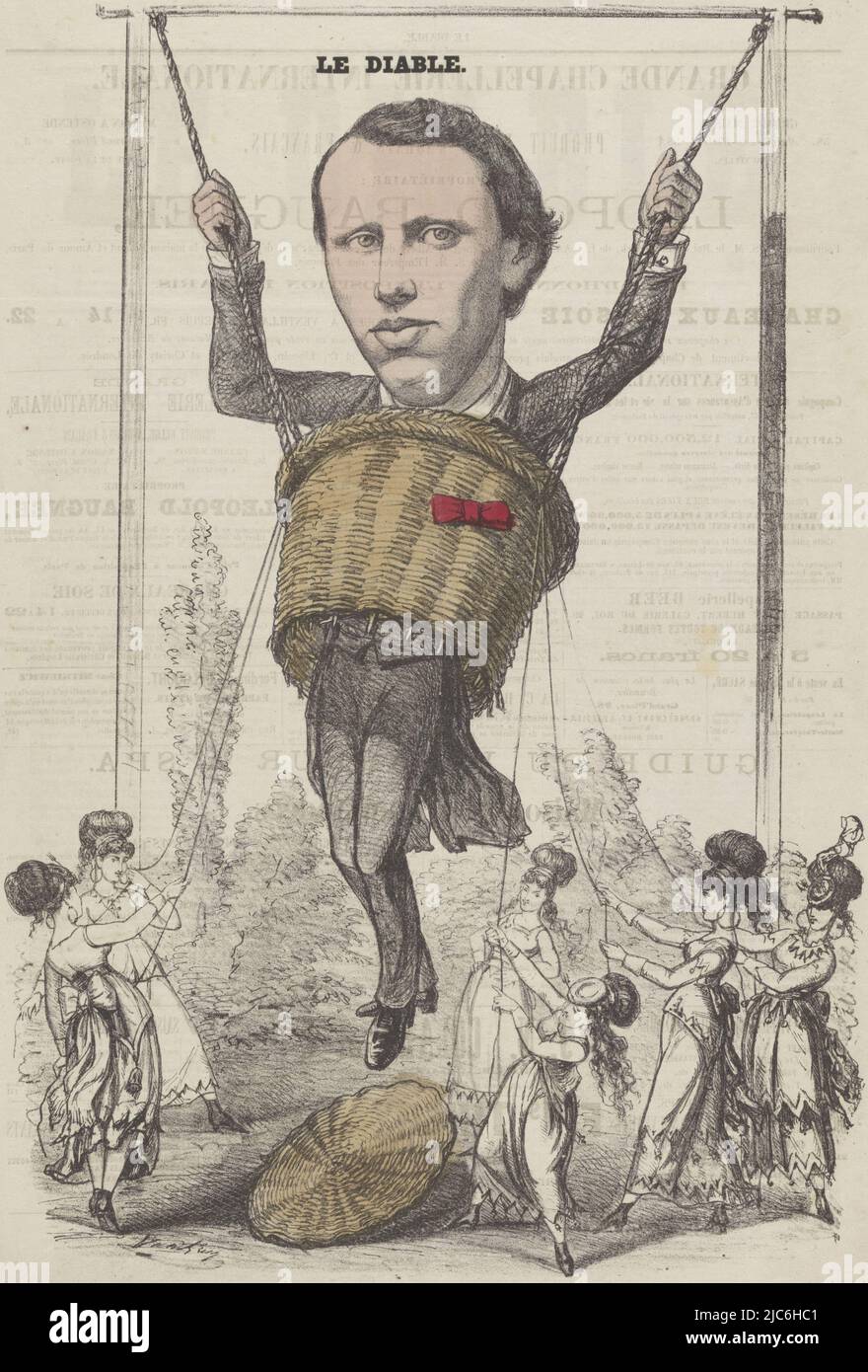 Cartoon on Prince William in the Brussels newspaper 'Le Diable' of 19 July  1868. The prince has sunk through the bottom of a basket on a swing and is  being pulled back