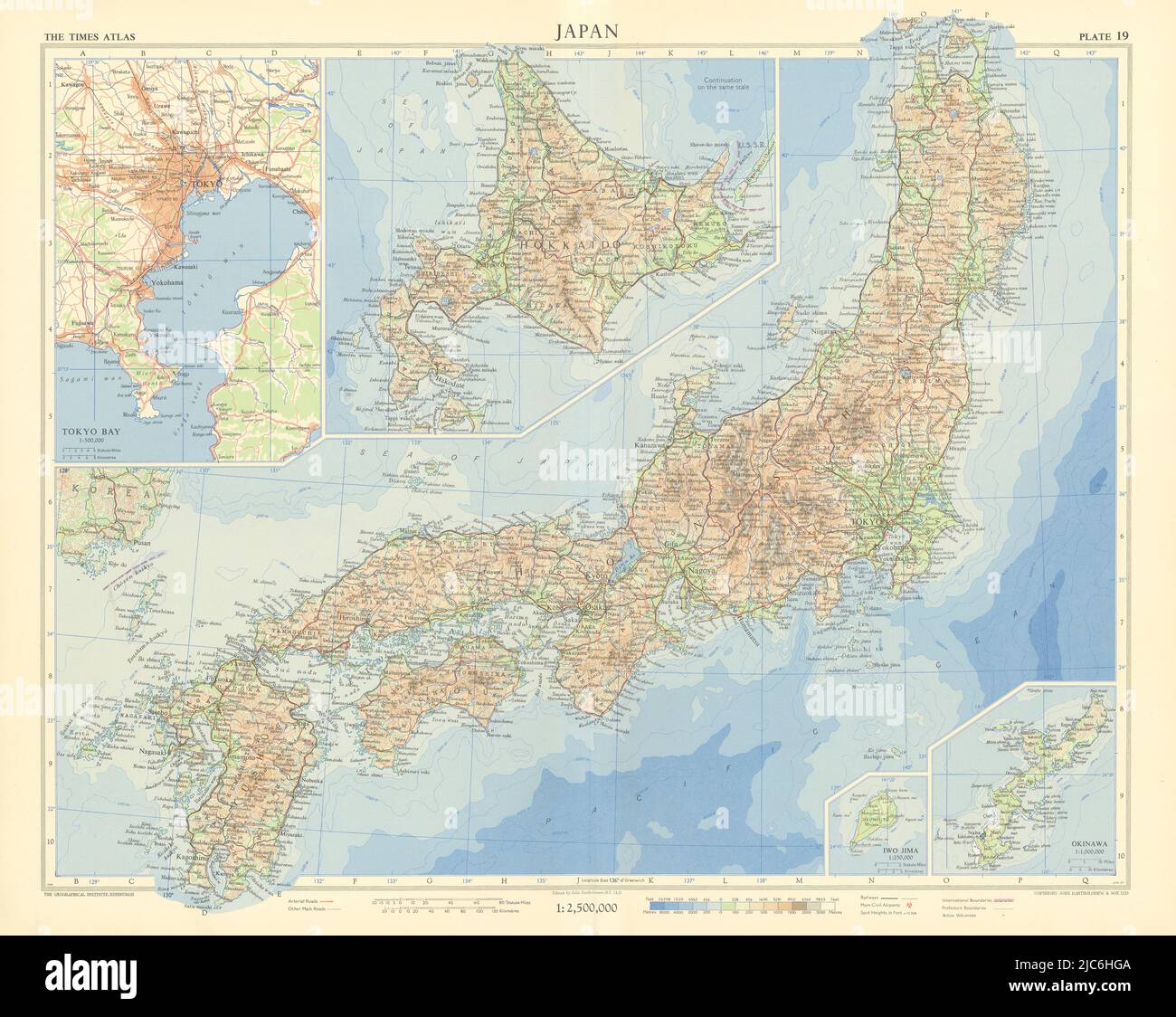 Japan. Tokyo Bay. Hokkaido. Iwo Jima. Okinawa. TIMES 1958 old vintage map Stock Photo