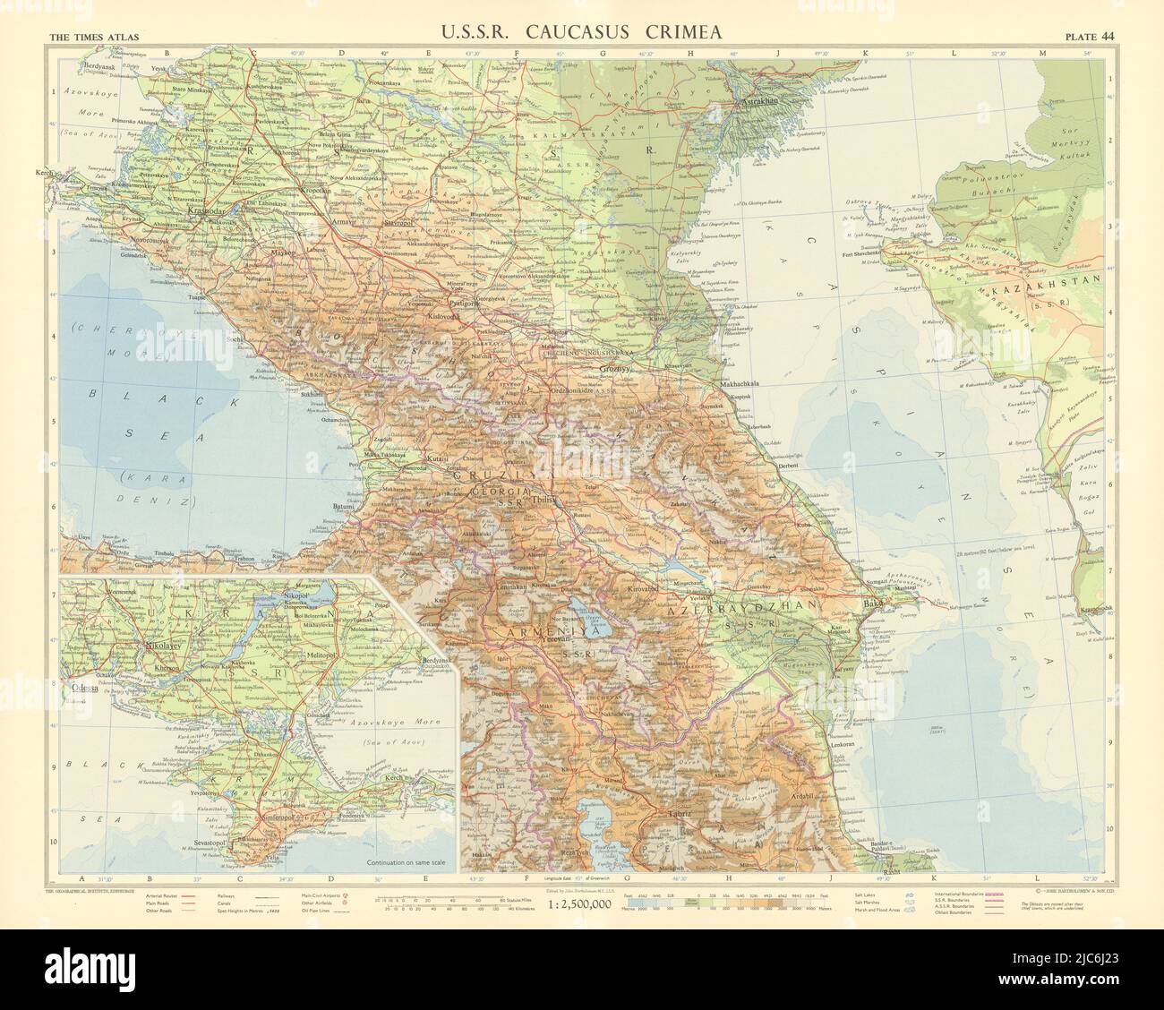 USSR Caucasus. Georgia Azerbaydzhan Azerbaijan Armeniya Armenia. TIMES 1959 map Stock Photo