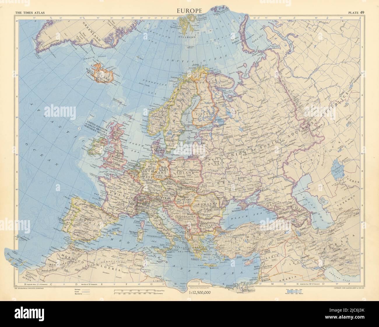 Cold war Europe. USSR West & East Germany Jugoslavia. TIMES 1955 map Stock Photo