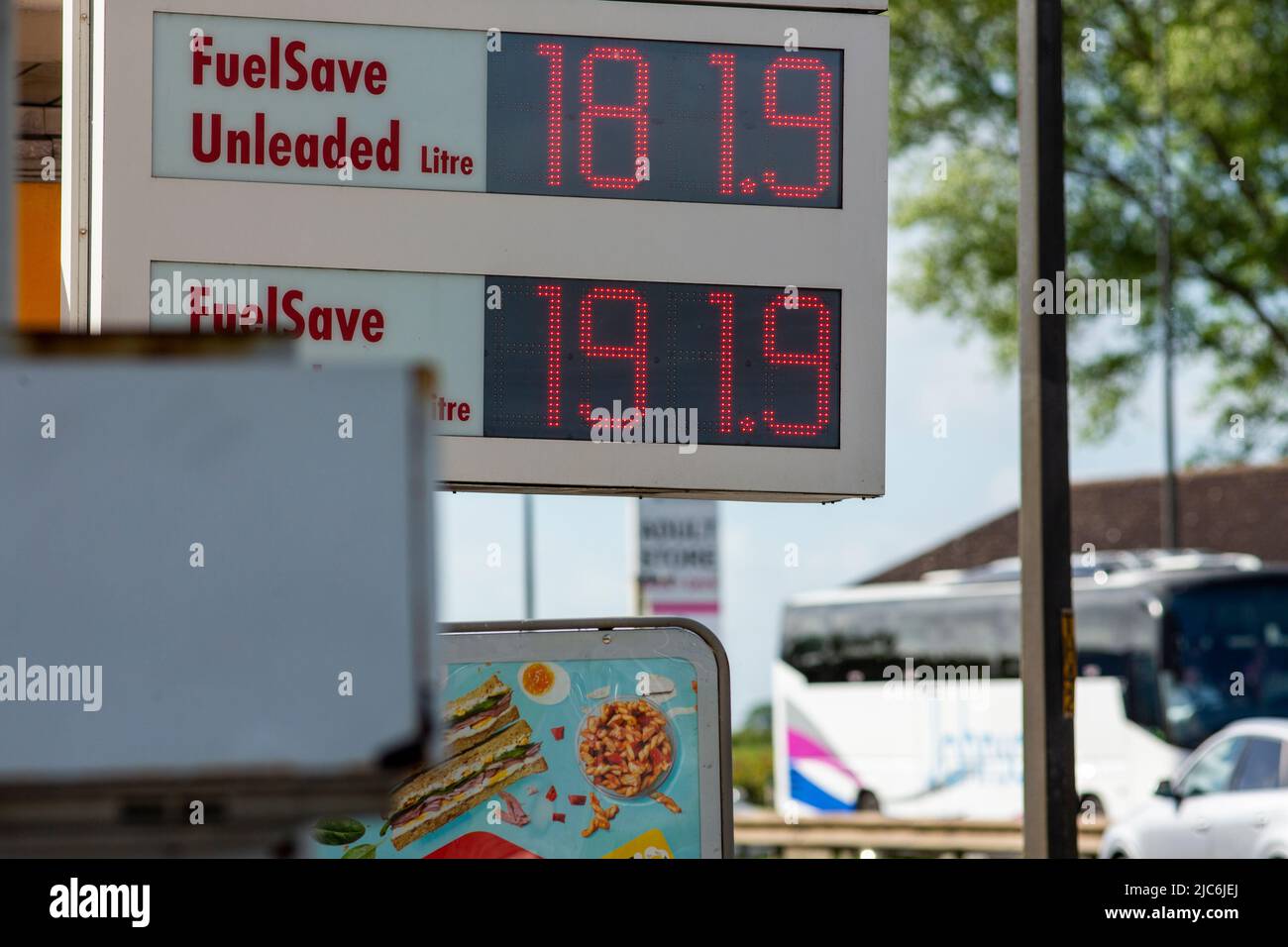 West Yorkshire, UK. 10th June, 2022.   Petrol and diesel prices at a service station on the A1 near Doncaster, West Yorkshire, England, UK.  In the latest twist to inflation, motorists are faced with the imminent threat of the cost of filling the average family saloon hitting £100 for the first time, after the cost of a litre of petrol rose 2.23p on Tuesday to more than 180p.  The data firm Experian Catalist said a similar increase on Wednesday would result in the £100 barrier being breached.    Credit: Windmill Images/Alamy Live News Stock Photo