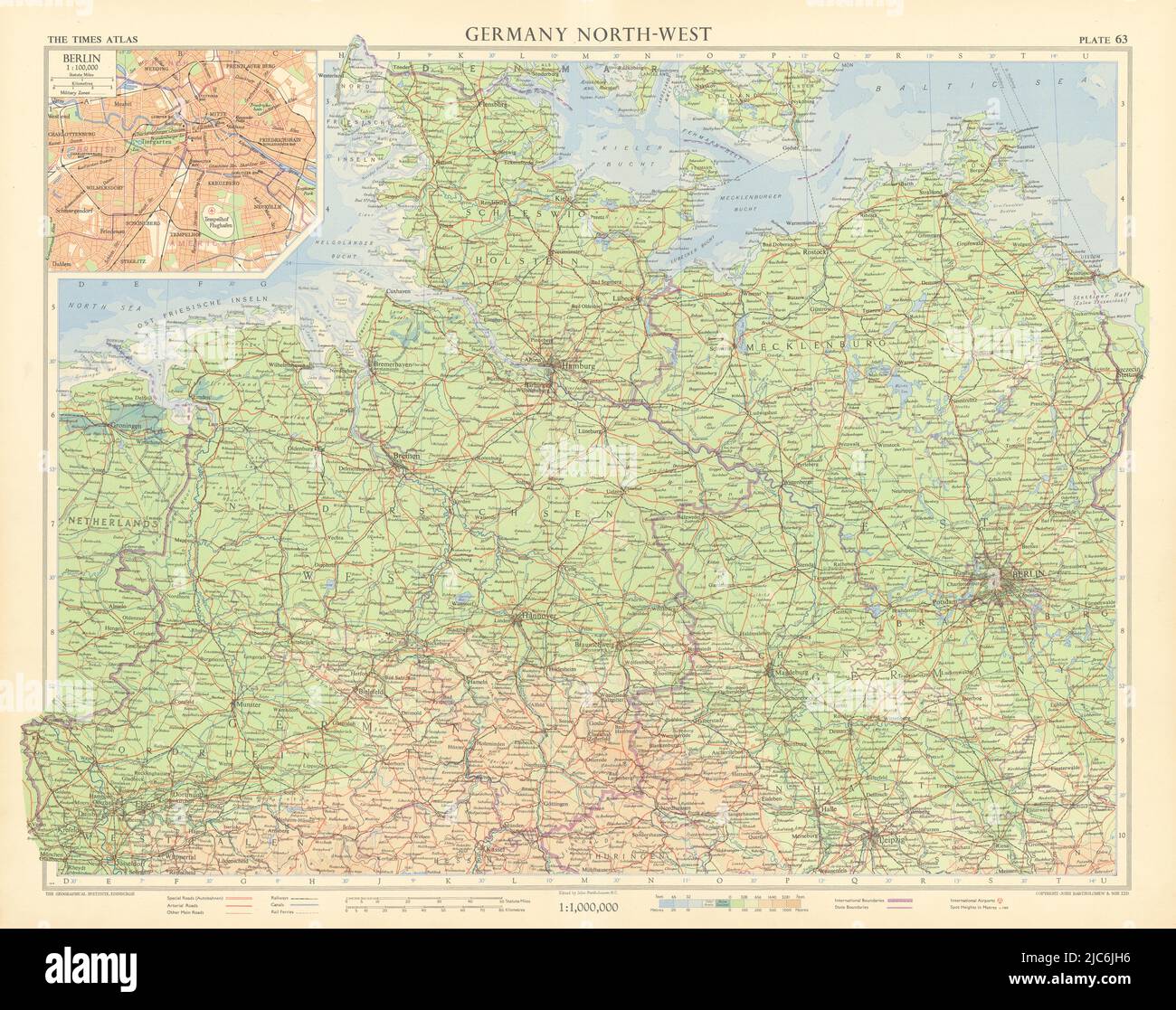 Northern Germany. Berlin plan. Road network autobahnen. TIMES 1955 old map Stock Photo