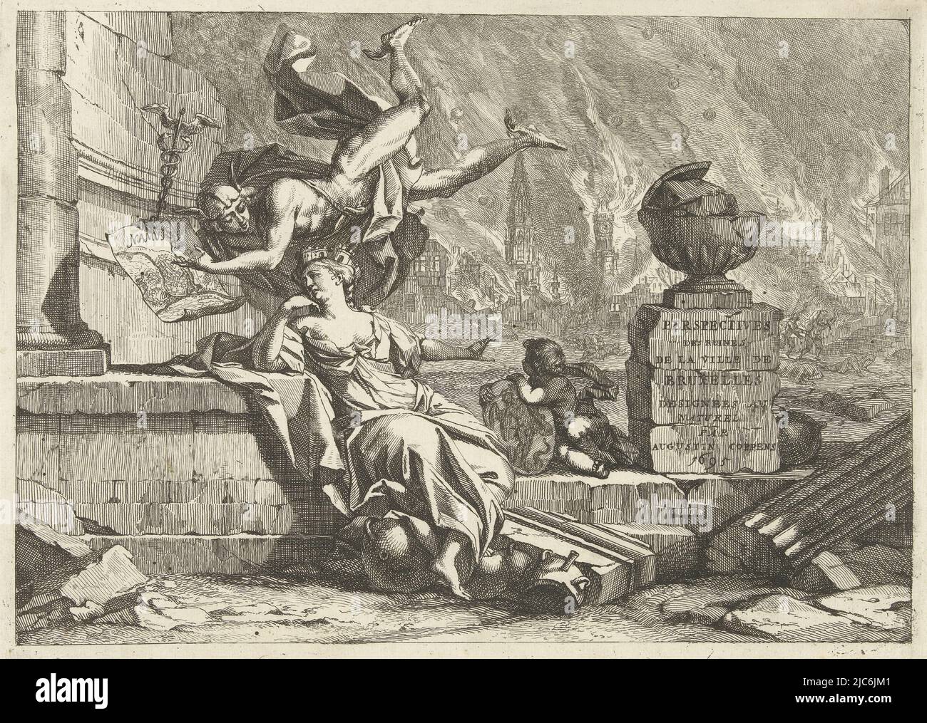 Title page of a series of twelve representations of the ruins of Brussels after the bombardment by the French Marshal de Villeroy between 13-15 August 1695. In the depiction, Mercury attempts to console the city maid of Brussels with news of the capture of Namur. In the background, the burning city, Mercury comforts the Brussels city virgin Perspectives on the ruins of the city of Brussels (series title)., print maker: Augustin Coppens, intermediary draughtsman: Augustin Coppens, (mentioned on object), Brussels, 1695, paper, etching, h 193 mm × w 263 mm Stock Photo