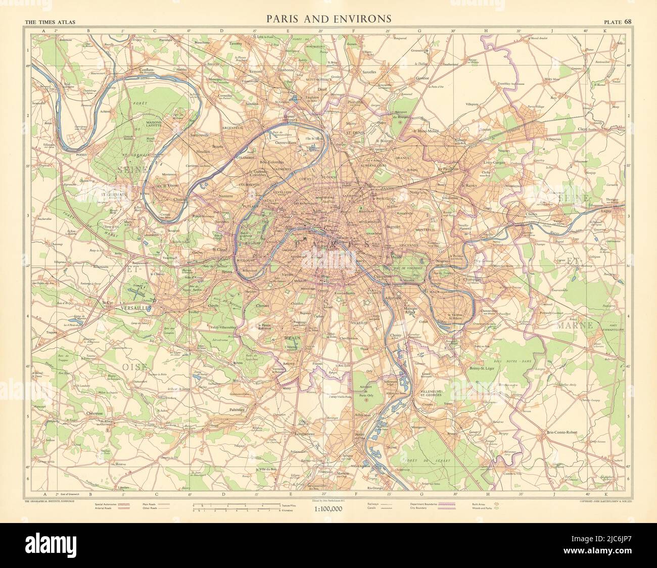 Paris and environs. Shows "Special autoroutes". TIMES 1955 old vintage map Stock Photo