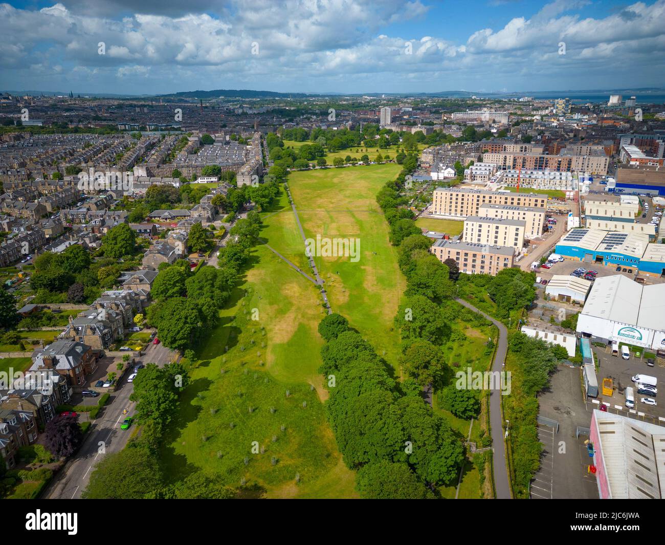 Aerial view from drone of Leith Links park and Leith district in